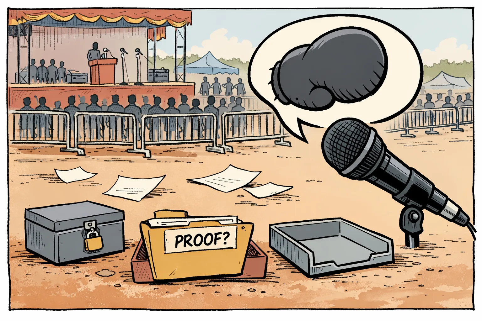 A Telangana rally stage with a large microphone pointing toward a tiny locked evidence box, while loose claim papers blow away and an empty file marked ‘proof’ sits open on a table.