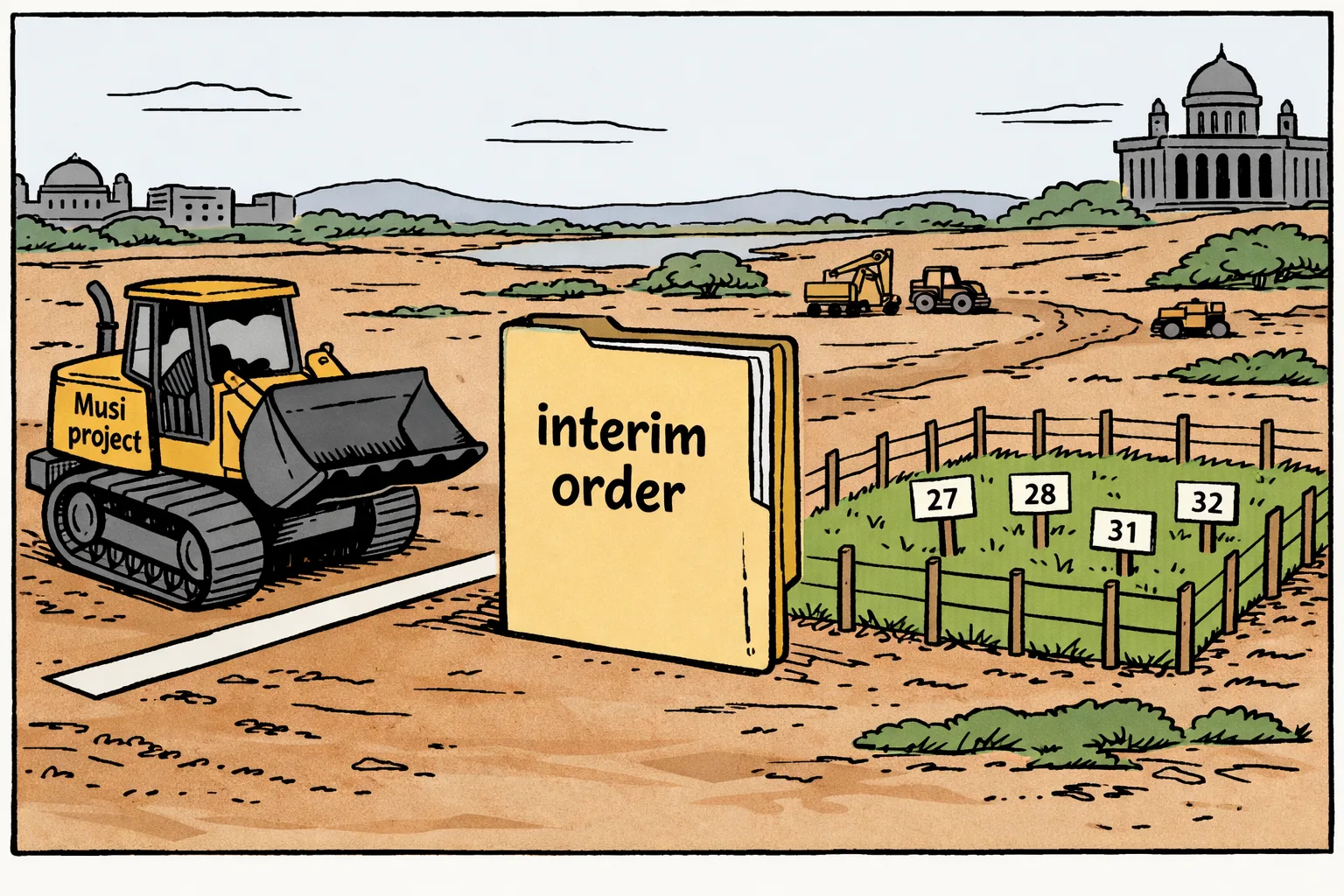 A government bulldozer marked Musi project stops behind a court file and a legal line beside a fenced 9.22-acre plot, while the wider project route continues in the background.