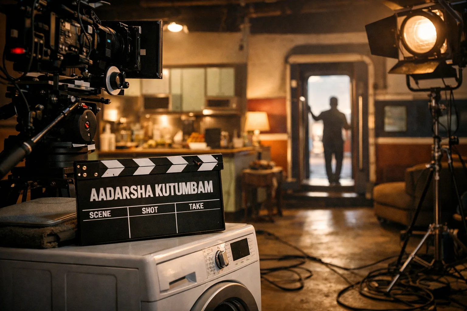 A photorealistic film-promotion scene with a clapperboard marked “Aadarsha Kutumbam,” a family-household set, a train doorway and cinema lights in a Hyderabad studio.