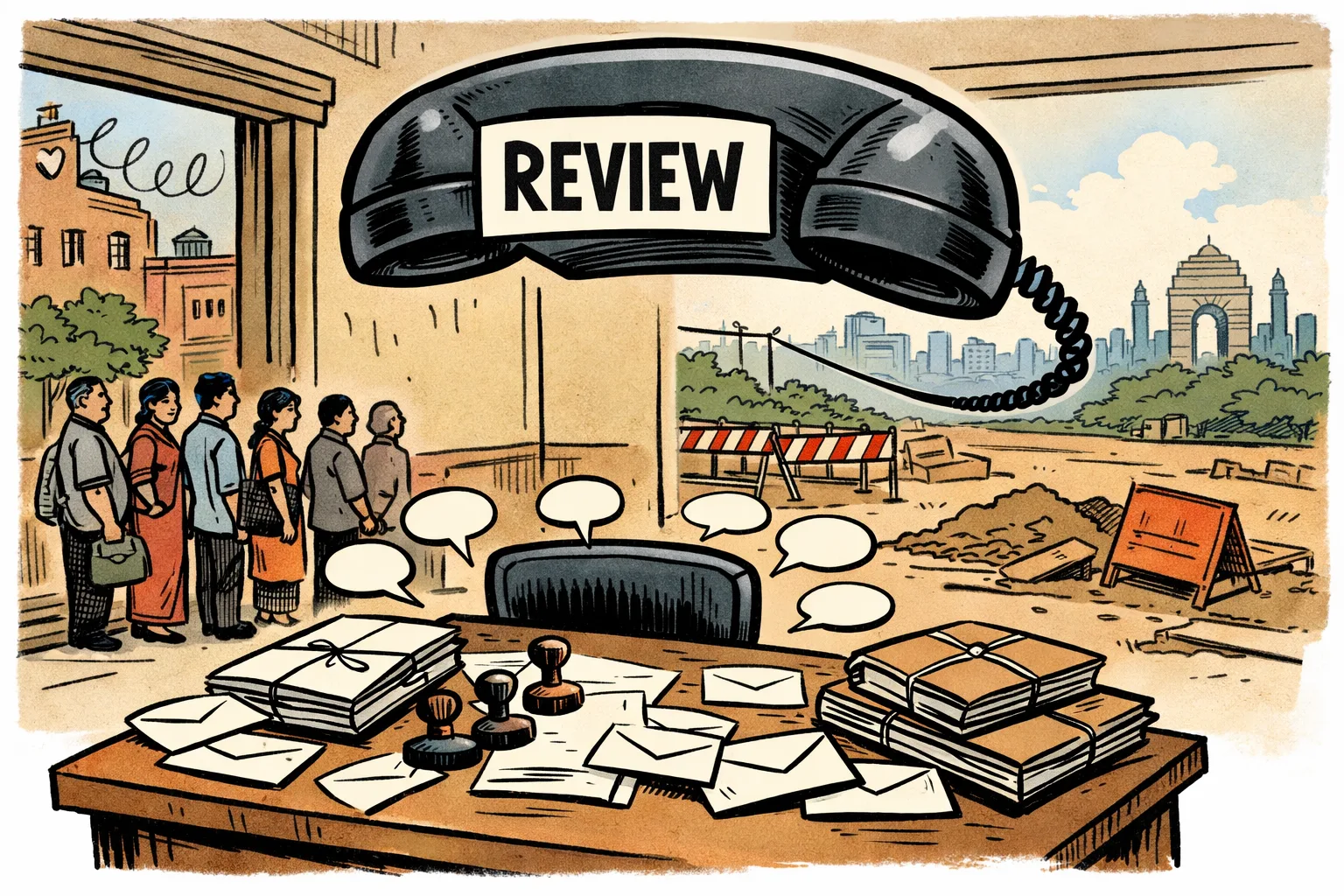 A Telangana government office desk is buried under anonymous envelopes and review files while a Delhi telephone marked 'high command' rings above it; through the window, citizens wait beside a stalled roadwork barricade.