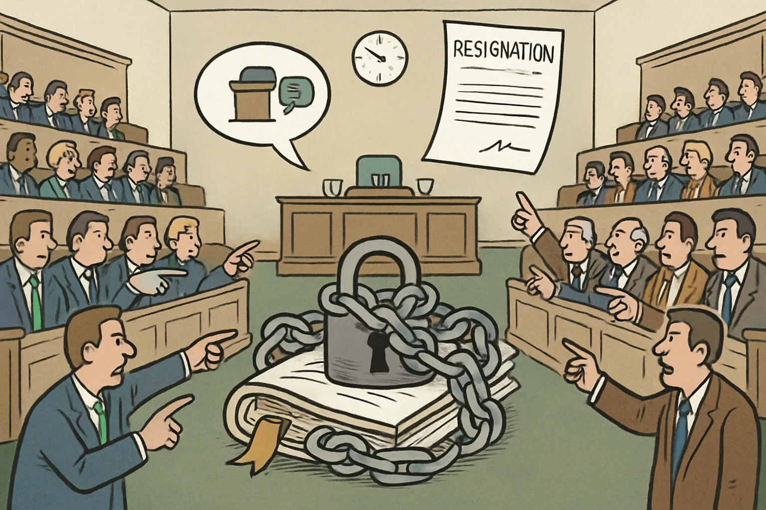 A cross-section view of a parliamentary chamber with two sides of politicians facing each other across an empty well. A large padlocked chain wraps around a legislative document on the chamber floor. Government figures on one side gesture toward debate podiums; opposition figures on the other point upward at a floating resignation letter. A wall clock shows minimal time has passed.
