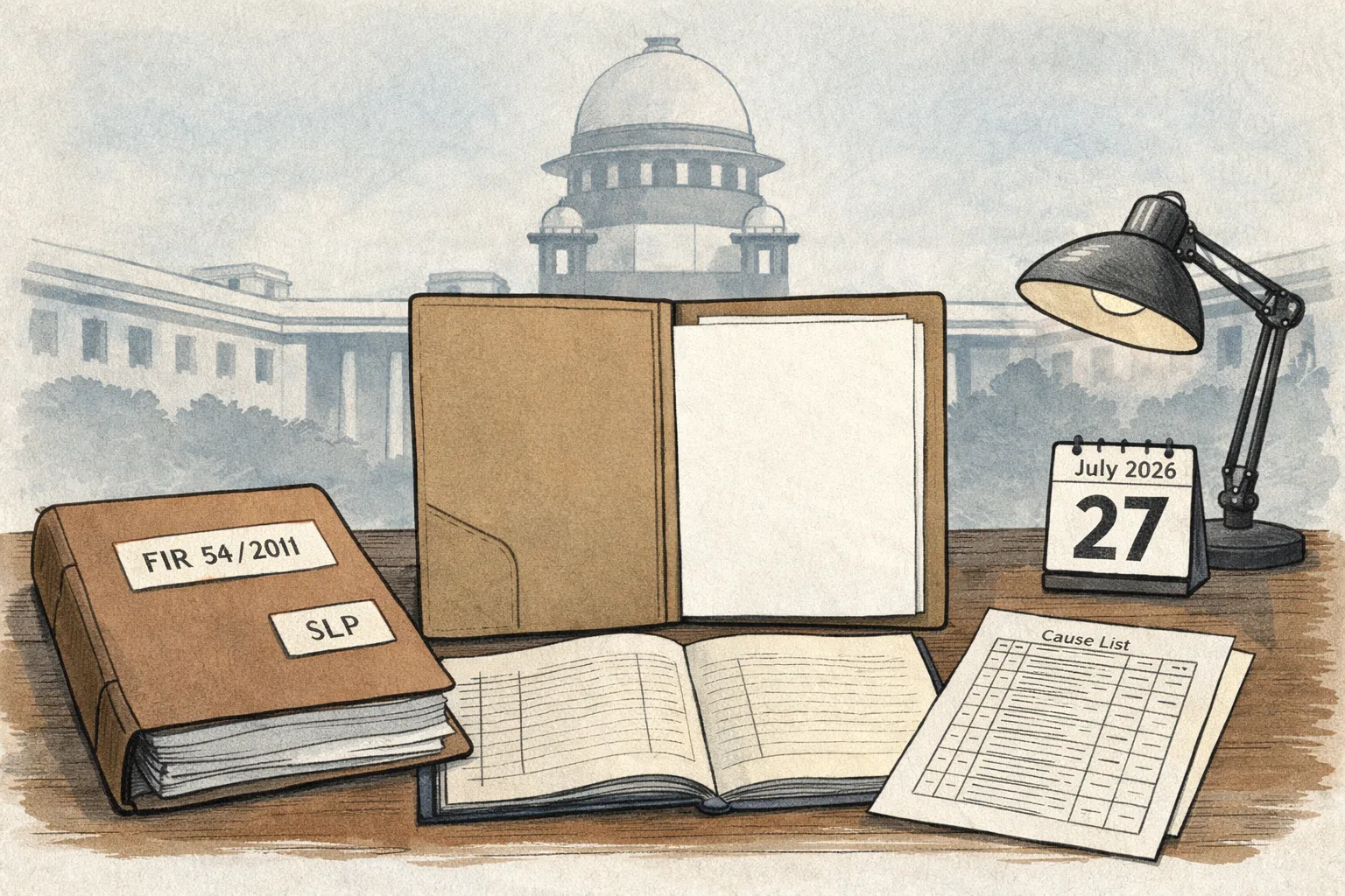 A sober editorial still life shows a courthouse file marked with case numbers beside an empty space labelled for a missing Supreme Court order, with a Delhi court building silhouette in the background and a calendar turned to July 27, 2026.