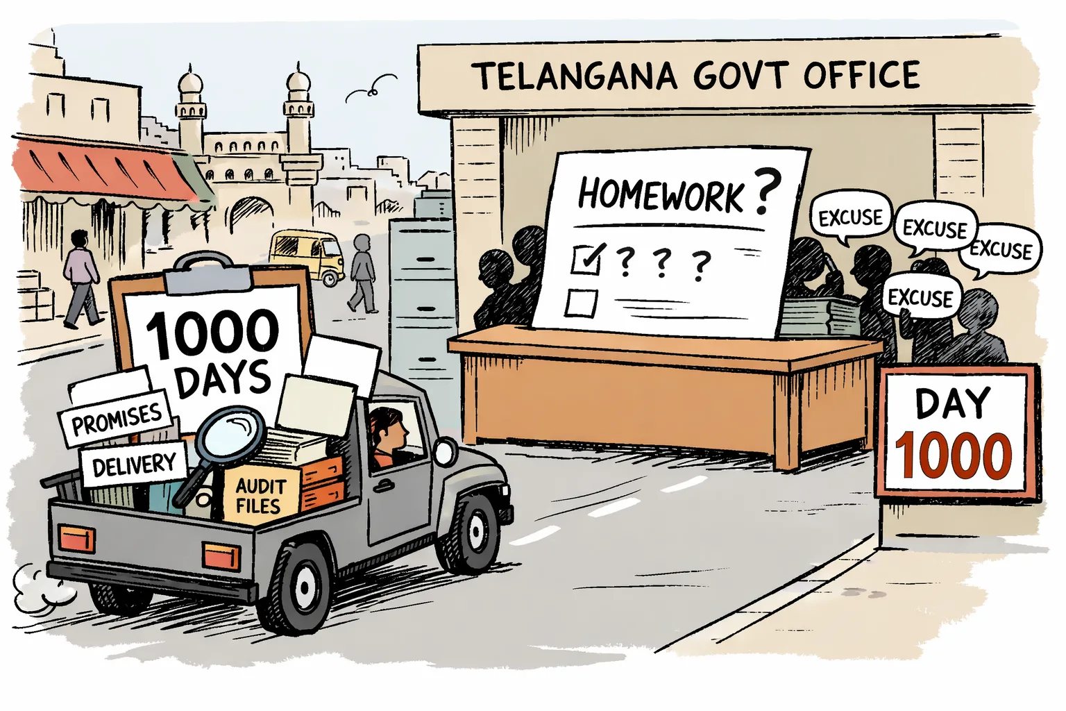 A campaign vehicle carrying an audit clipboard and placards marked “1000 DAYS” approaches a Telangana government office, where a question paper labelled “HOMEWORK” is partly hidden behind a desk and small “EXCUSE” notes.