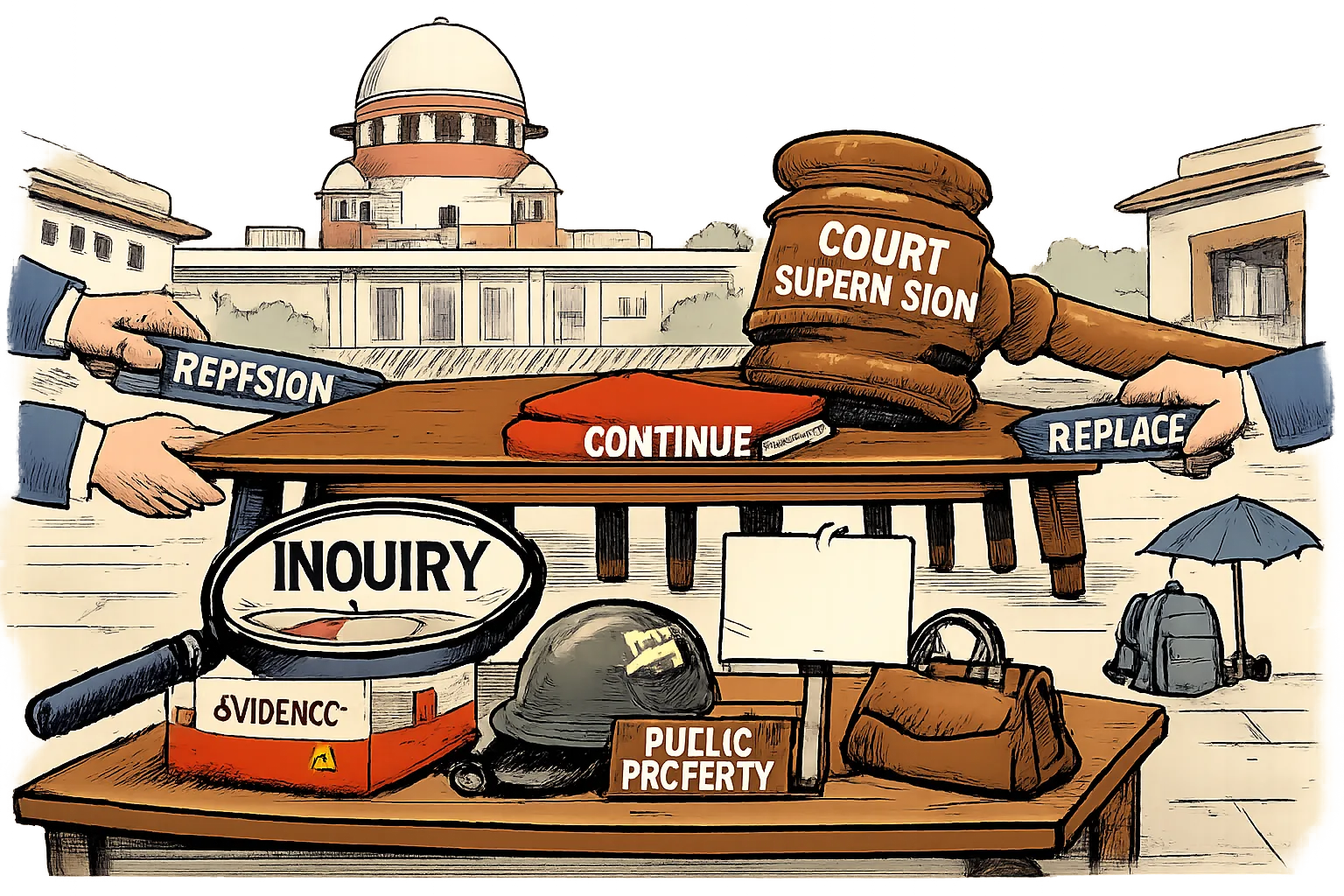 A courthouse cartoon shows a magnifying glass over evidence items while anonymous hands try to pull apart a five-legged inquiry table pinned down by a court folder.