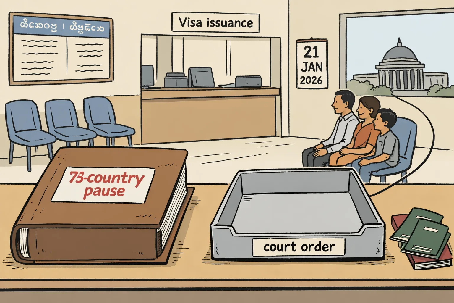 A Telangana family waits beside a passport-and-visa counter while a large U.S. State Department folder marked “75-country pause” sits behind a barrier; an empty document tray labelled “court order” remains open in the foreground.