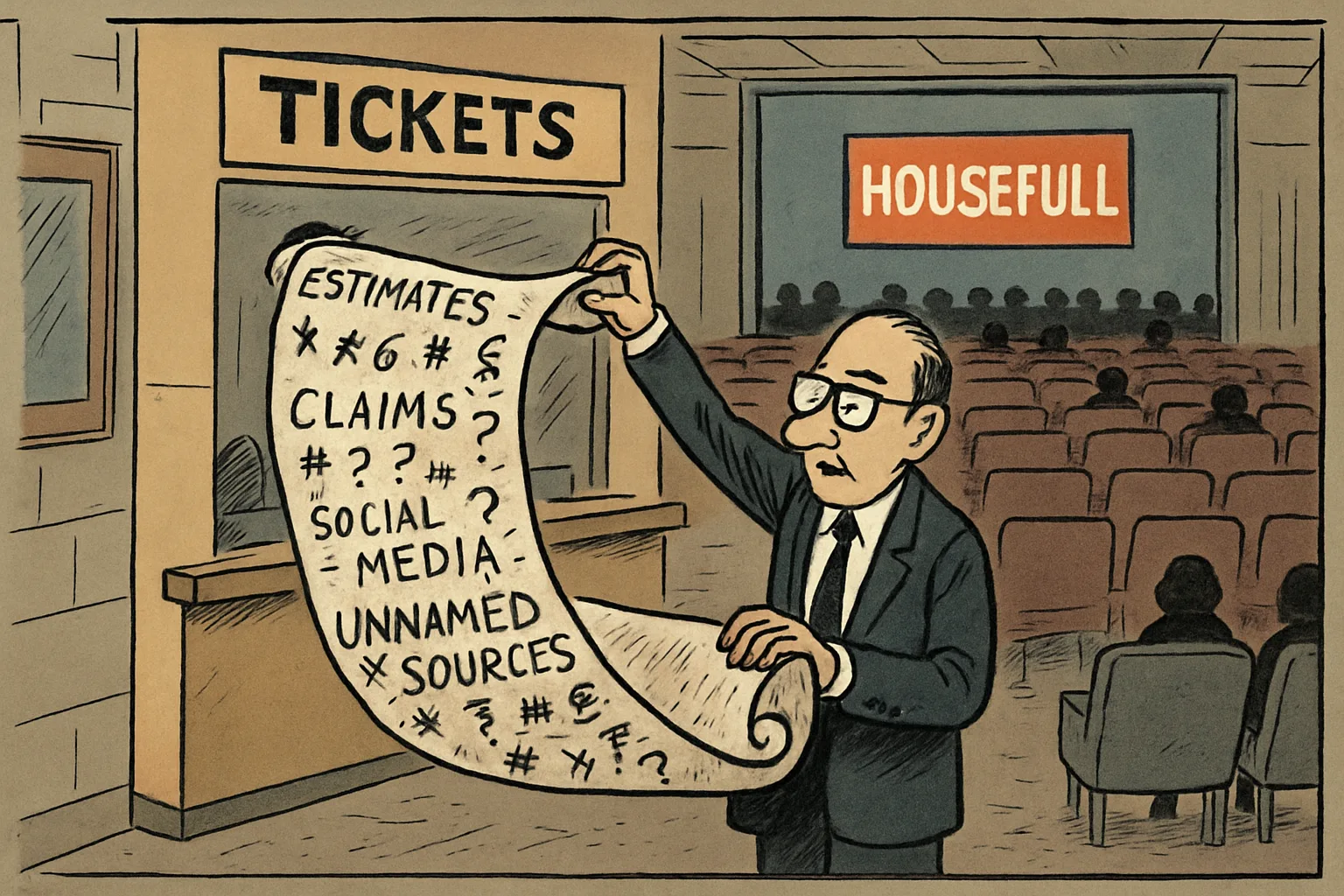 A theatre manager unrolls a long scroll covered in text like "estimates" and "claims" while pointing to a single genuine housefull sign on a small 70MM screen behind the counter. The theatre seating around them is mostly empty.