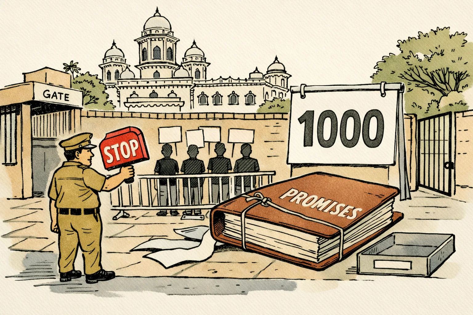 Outside the Telangana Legislative Assembly, a row of indistinct people in black shirts is stopped at a gate while a large ledger marked “PROMISES” lies beside an unattended tray labelled “ANSWER”.