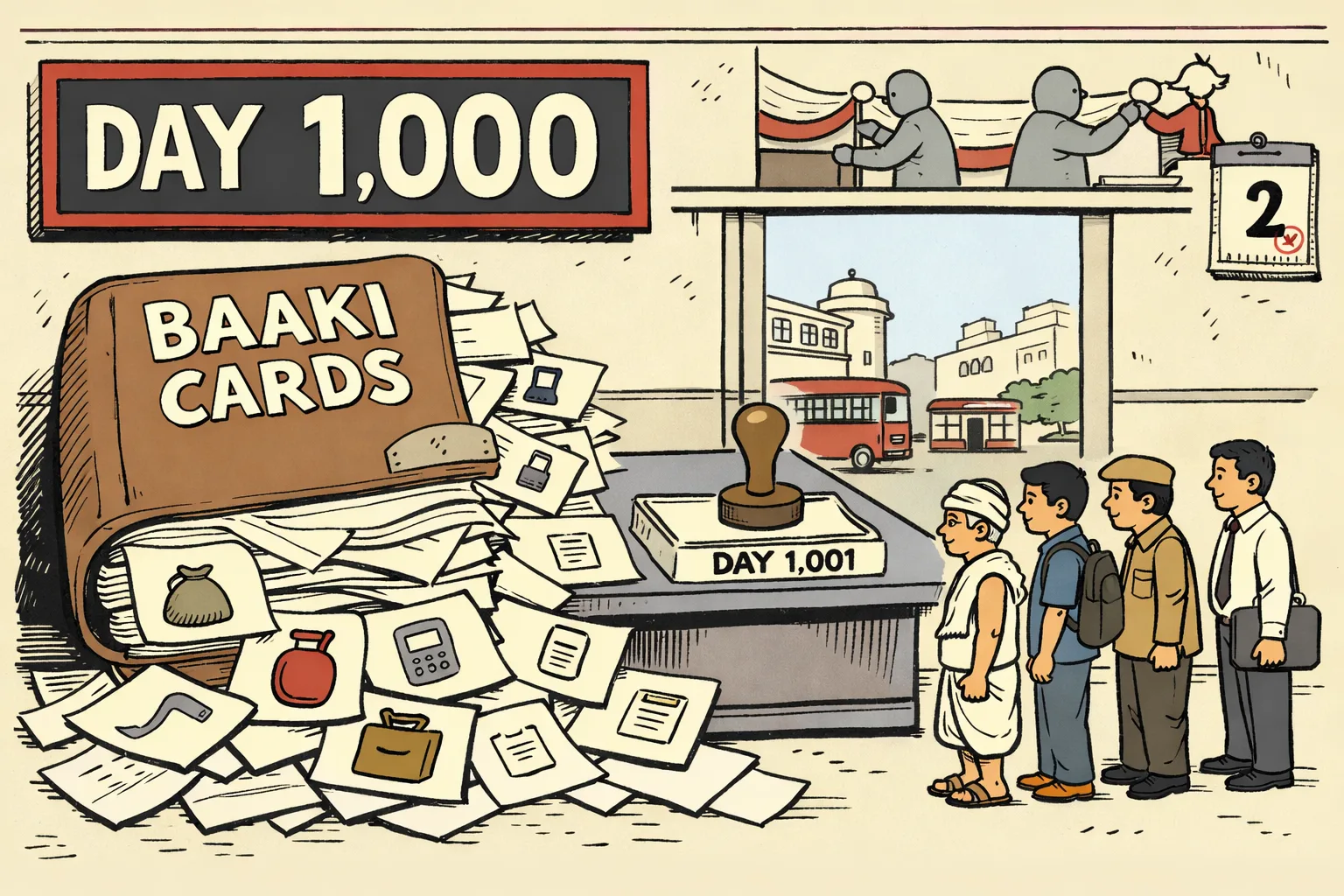 A giant Day 1,000 countdown clock and an overflowing Baaki Cards ledger dominate a Telangana government office, while citizens wait beside an empty Day 1,001 receipt tray.