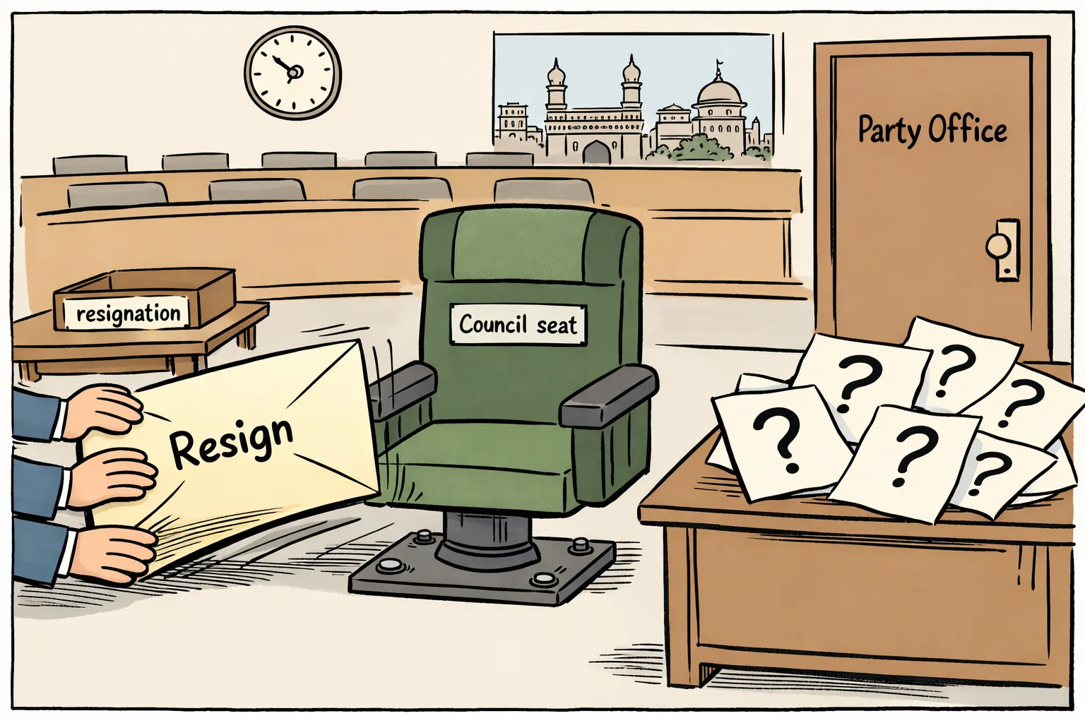 An empty Telangana Legislative Council chair labelled “Council seat” is bolted to the floor while an oversized envelope marked “Resign” is pushed toward it; a closed office door, an empty resignation tray and question-mark papers surround the scene.
