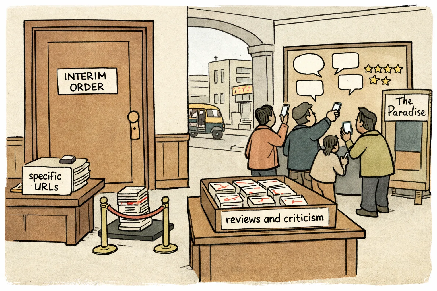 A hand-drawn Bengaluru courtroom scene shows a small folder of specifically identified URLs behind a short barrier while an open tray marked reviews and criticism remains accessible beside a cinema poster for The Paradise.