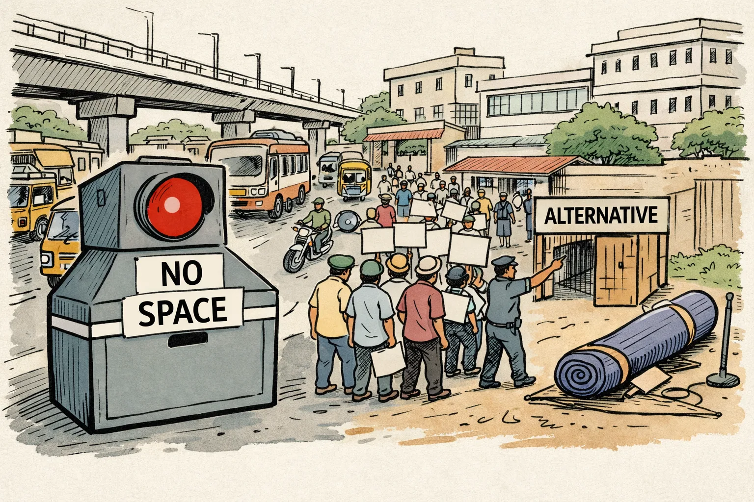 At a crowded Miryalaguda junction beneath a flyover, a red traffic signal shaped like a ballot box blocks a farmers’ procession and points it toward a tiny alternative venue.