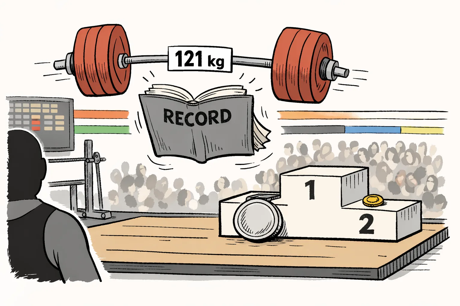 A hand-drawn weightlifting platform with a huge barbell marked 121kg raised above a Commonwealth-style medal podium; a silver medal hangs from the middle step, while a small record book lies open beside it.