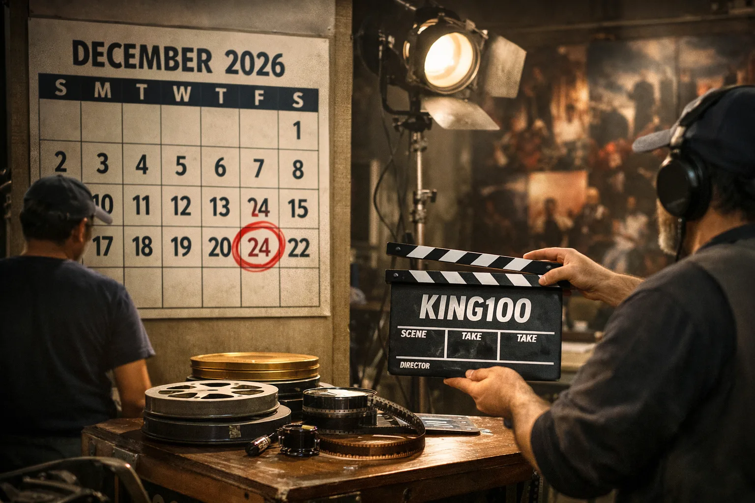 A film-production still with a King100 clapperboard, reels, studio lights and a calendar showing December 24, 2026.