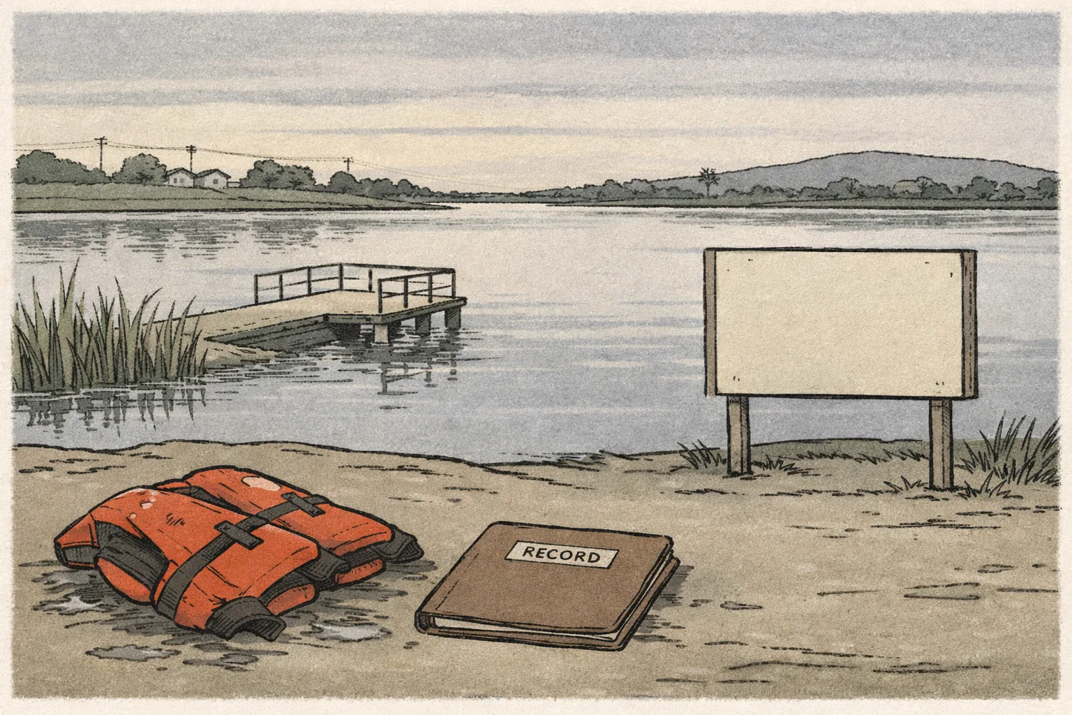 A quiet lake shore with reeds and an immersion platform, beside an overturned life jacket, a closed case file and an empty notice board.