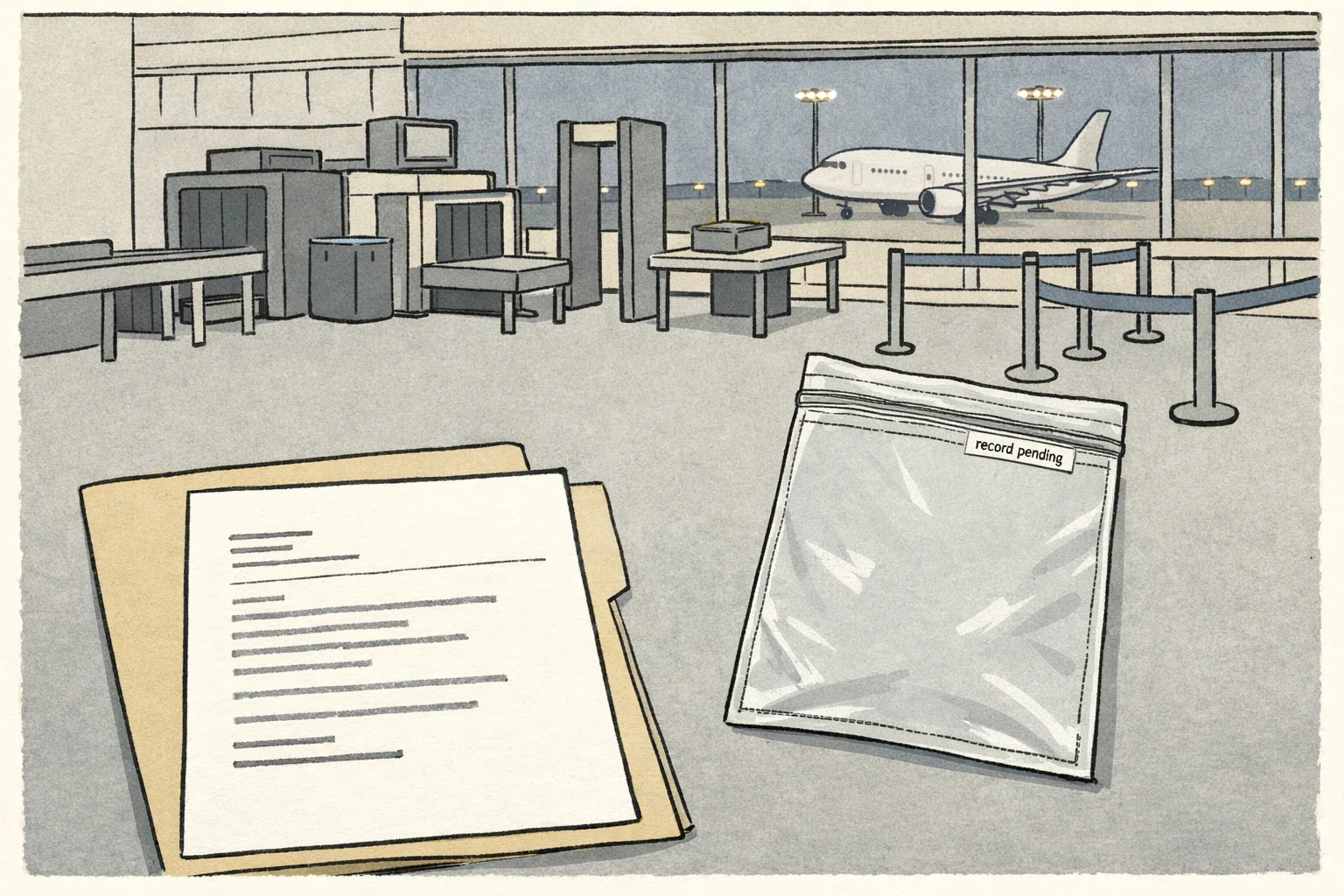 A quiet airport security screening area at Rajiv Gandhi International Airport, with an unmarked email printout on a desk beside a sealed evidence bag, while a distant aircraft stands on the tarmac under floodlights.