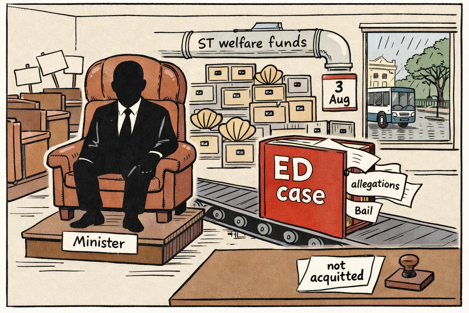 A ministerial chair is restored beside a large ED case file moving forward on a conveyor belt, while a treasury pipe labelled ST welfare funds leads toward locked shell-account drawers and empty legislative benches sit in the background.