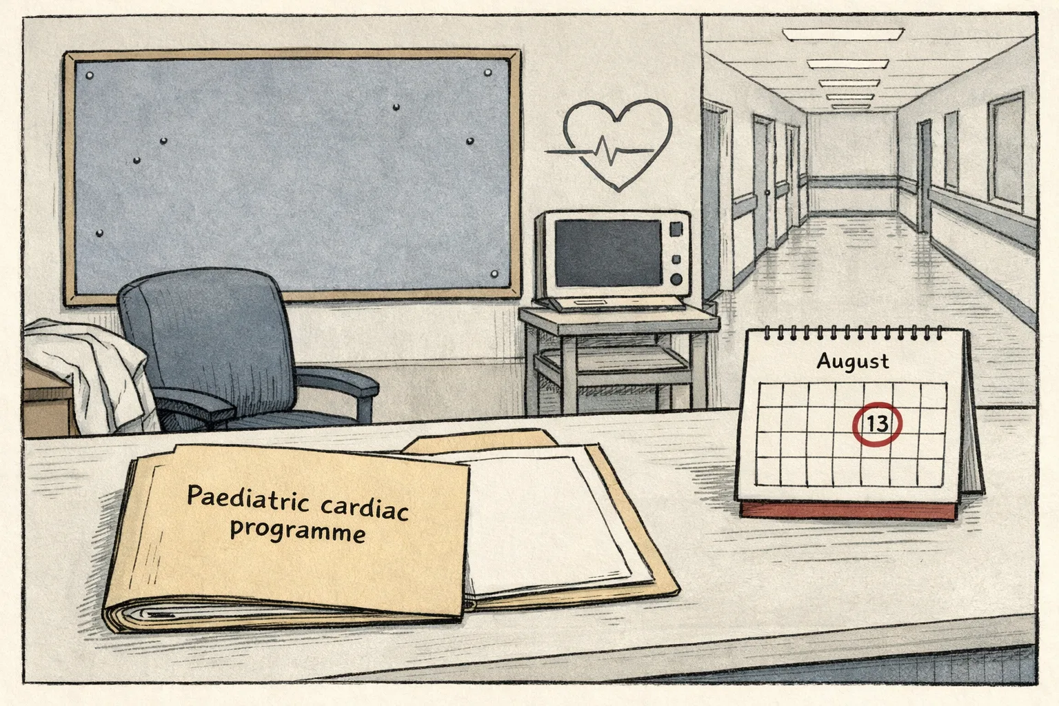 A quiet hospital records desk in Hyderabad with a blank programme file, an empty noticeboard and a calendar page marked August 13, while a child-sized heart-shaped medical monitor sits switched off nearby.