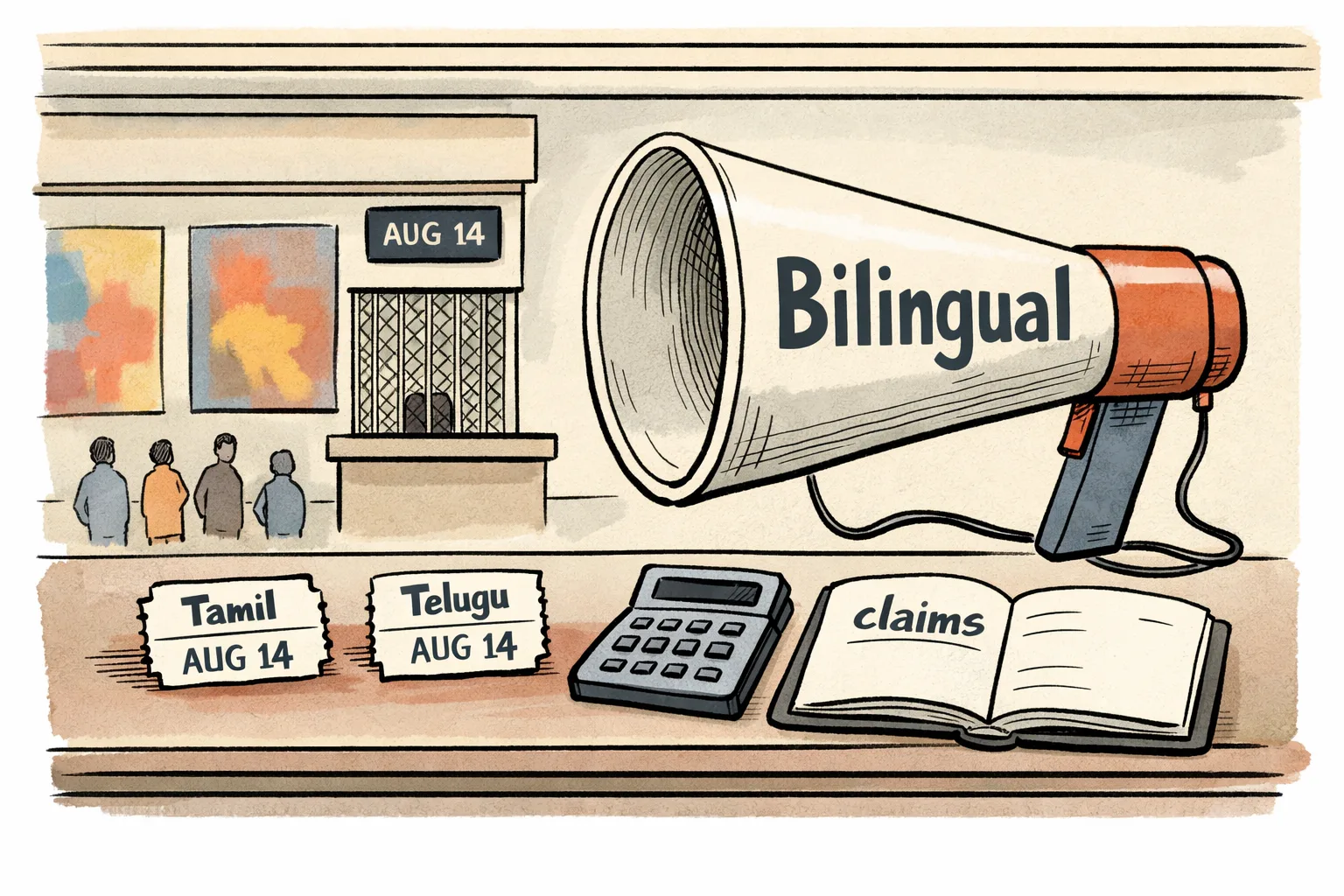 A cinema ticket counter displays two film tickets, one marked Tamil and one marked Telugu, while a large press-release megaphone labelled bilingual points toward a small date board reading August 14; a calculator and unopened collection ledgers sit on the counter.