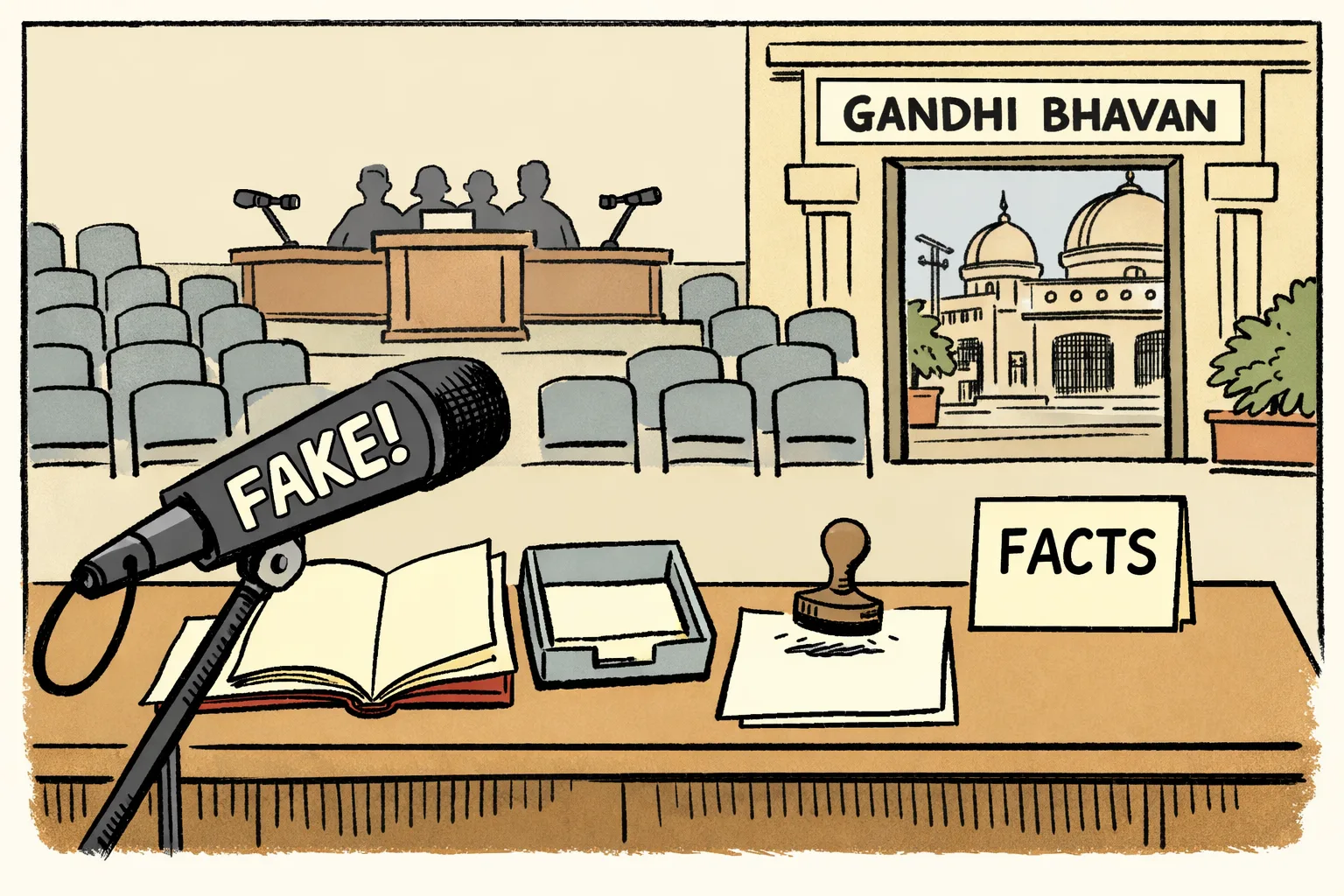 An oversized microphone marked “FAKE!” points at an empty desk with a blank open file, an empty document tray and a sign reading “FACTS” with no papers beneath it inside a meeting hall at Gandhi Bhavan.