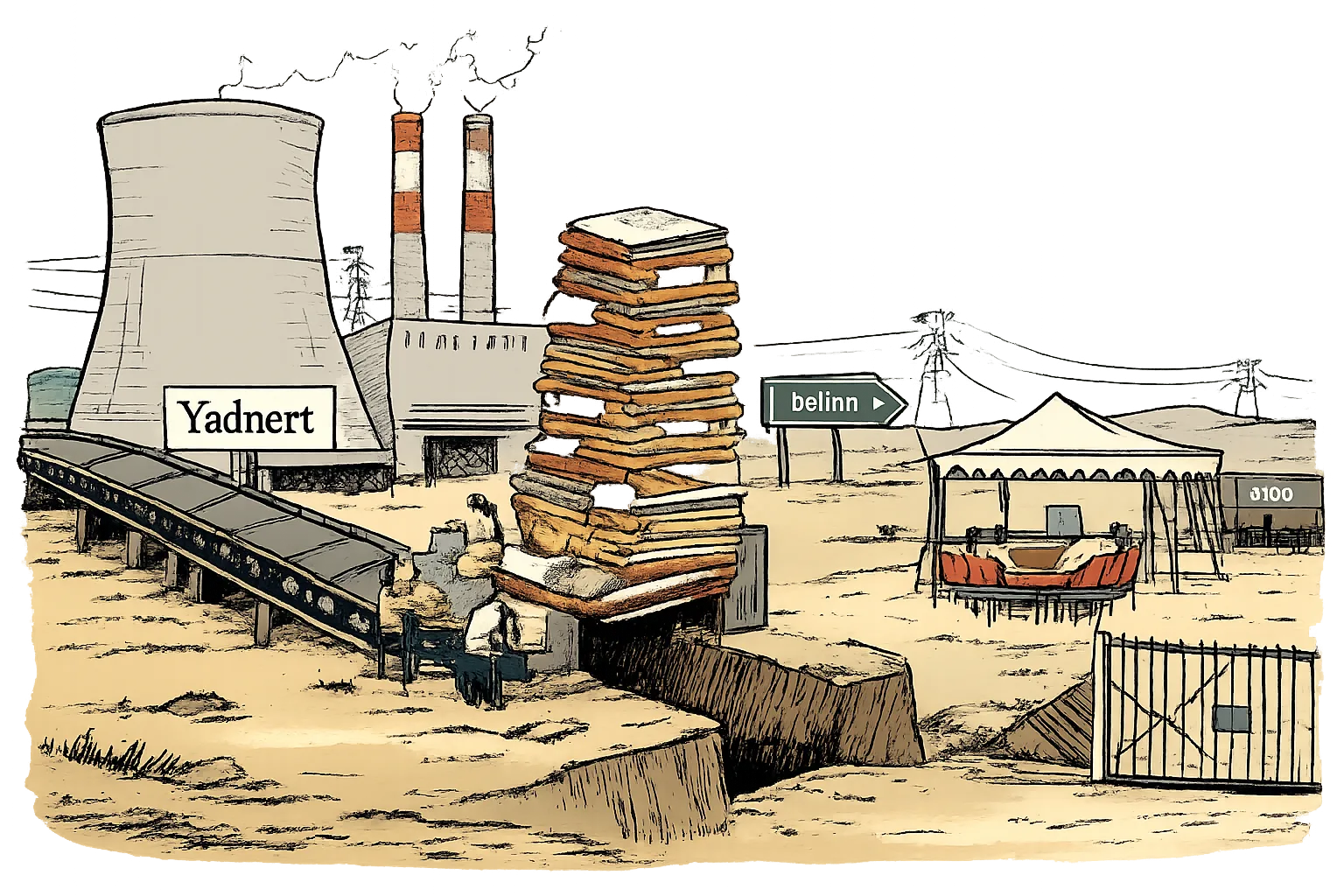 An idle Telangana thermal power station receives stacks of paperwork on an empty coal conveyor while another meeting is prepared on a road toward Delhi.