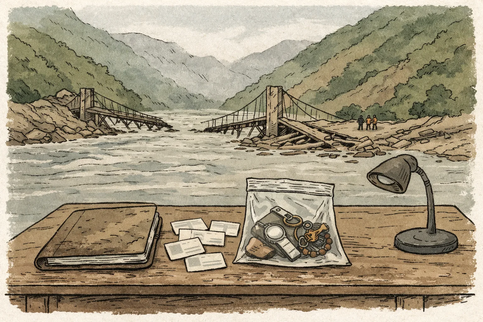 A mud-stained register and blank identification cards sit on a table beside a swollen river, with a damaged suspension bridge, debris and misty Himalayan hills behind them.