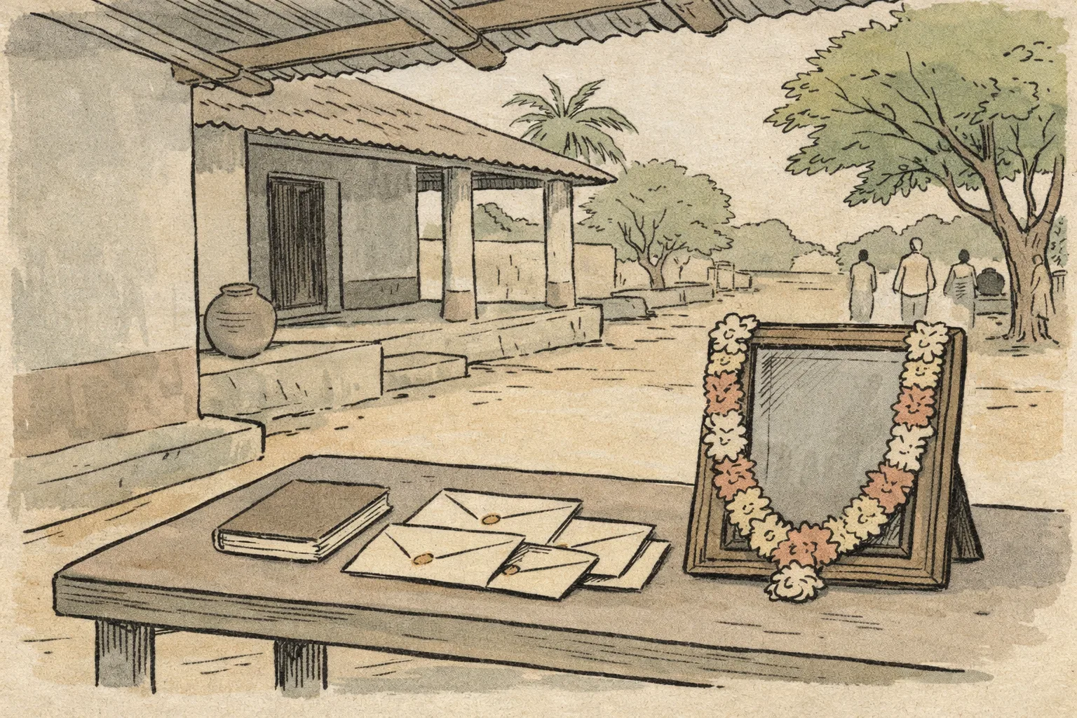 A quiet Telangana village home with a framed floral tribute and three sealed assistance envelopes on a table, while a road outside fades into the background.