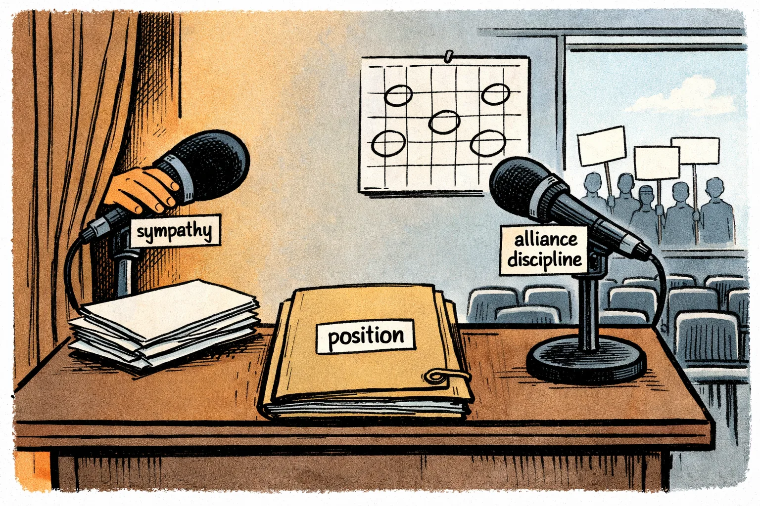 A Telangana student protest placard stands in front of two tall microphones: one hidden behind a curtain and labelled “sympathy”, the other facing the public beneath an NDA calendar and labelled “alliance discipline”. A sealed folder marked “position” sits between them.