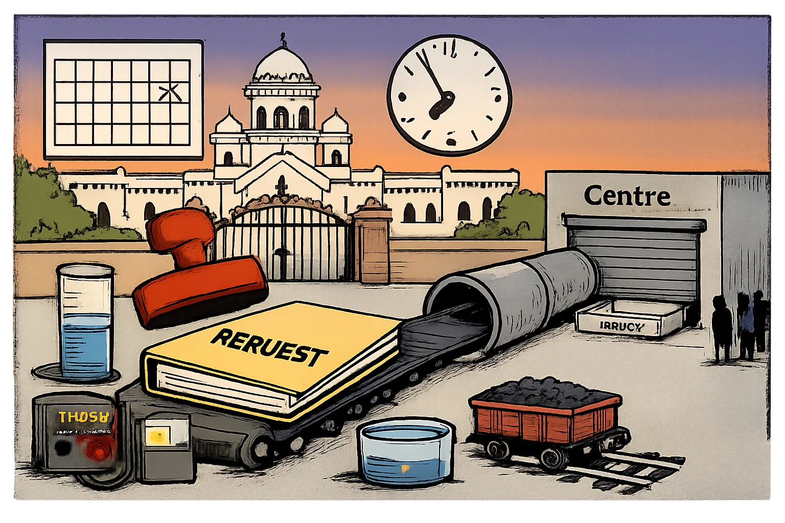A giant file marked “REQUEST” moves from a Telangana Assembly-style building into a pipe labelled “Centre” and stops before a shuttered delivery counter with an empty reply tray; nearby are a low rain gauge, an electricity meter and a partly empty water tank.