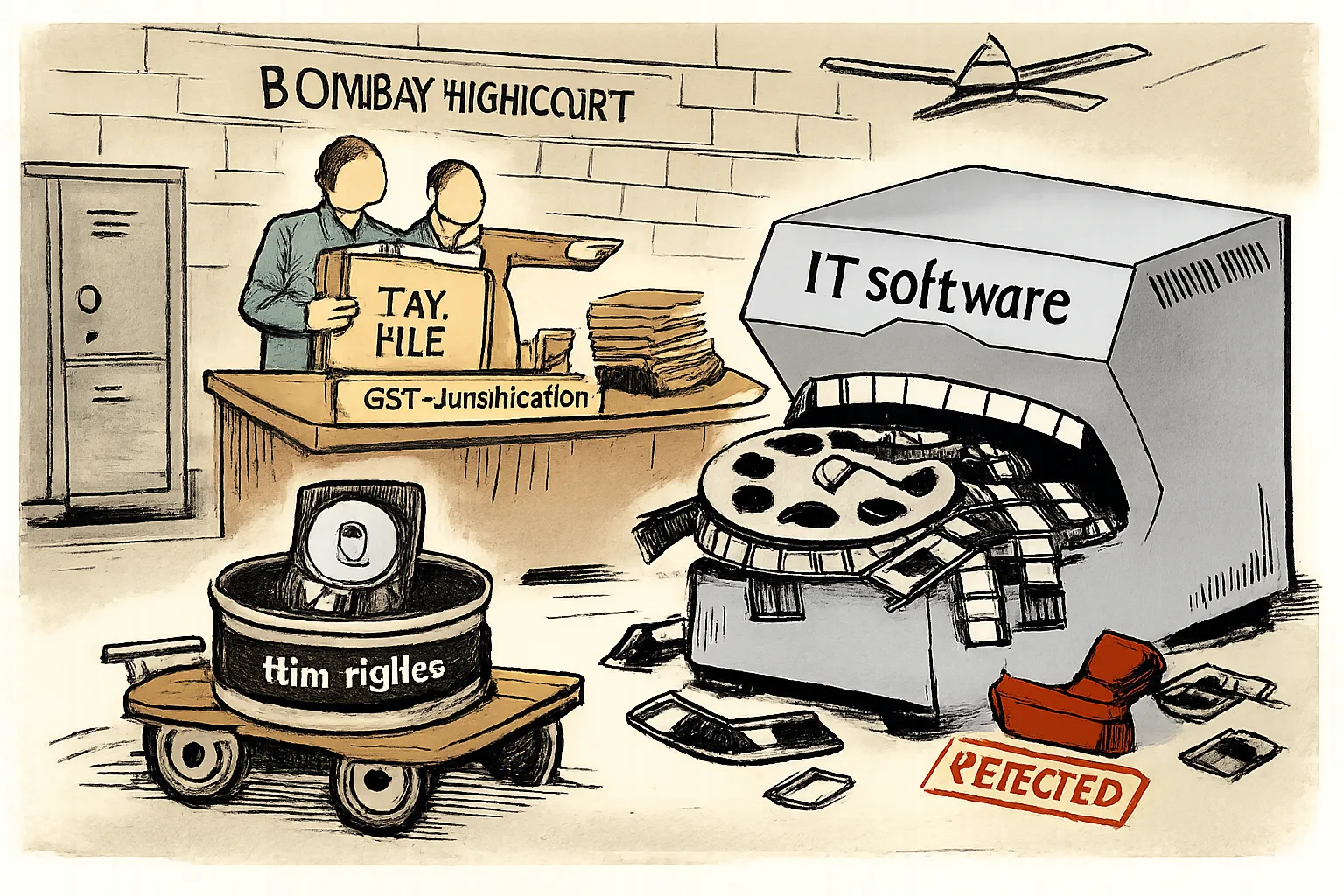 A film canister containing an encrypted hard disk is jammed inside an oversized machine labelled IT software, beside a courthouse desk and GST files.
