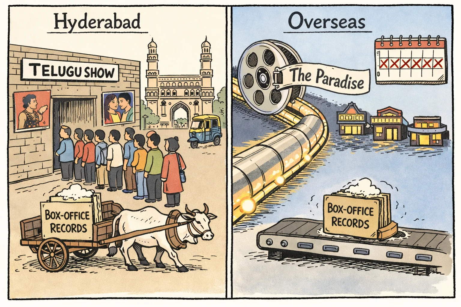 A film reel travels through an international pipeline toward cinemas while a small box-office records file sits stalled on a baggage conveyor.