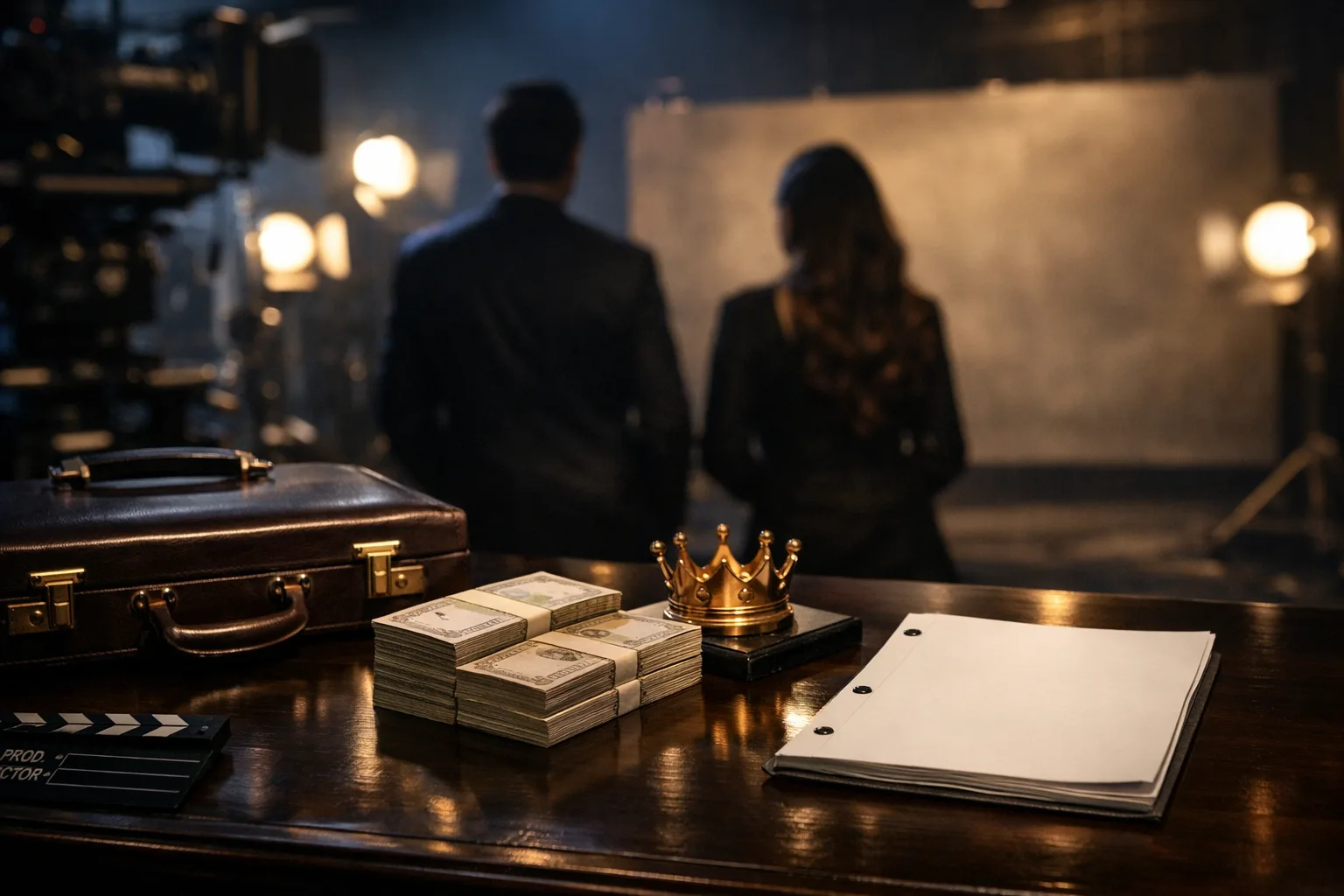 A cinematic film-set scene shows a briefcase, stacked prop papers and a crown-shaped paperweight on a polished table, with blurred lights and two indistinct figures in the background.
