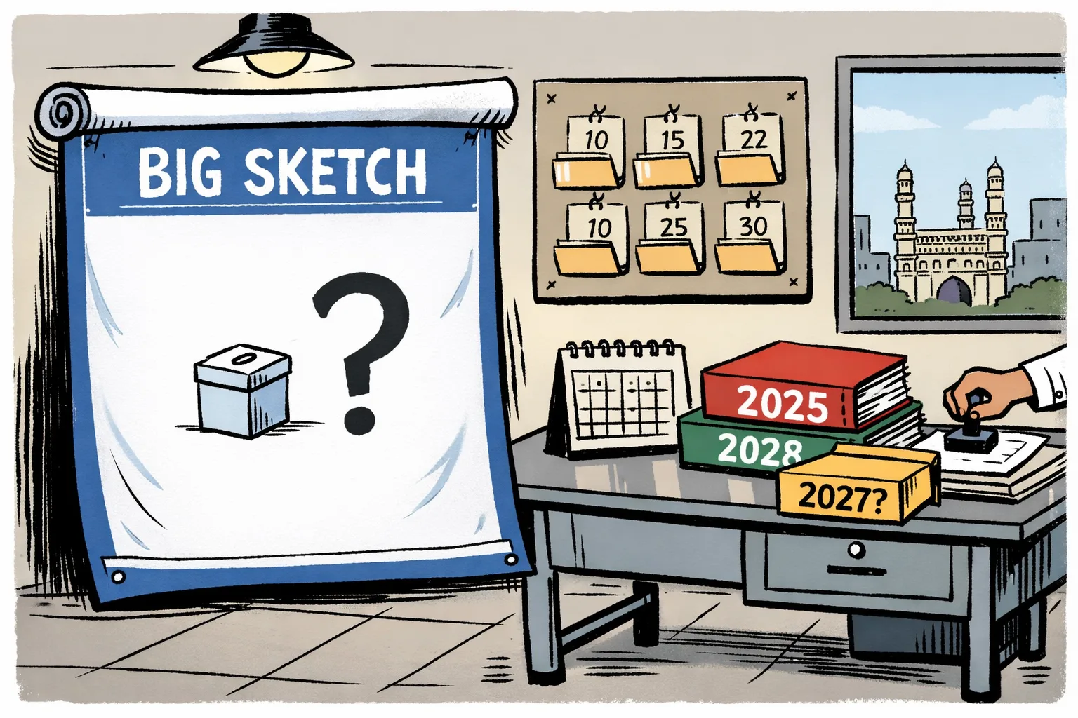 An oversized nearly blank blueprint labelled “BIG SKETCH” hangs dramatically beside a Telangana government office desk holding neatly filed election paperwork and a folder marked “2027?”.