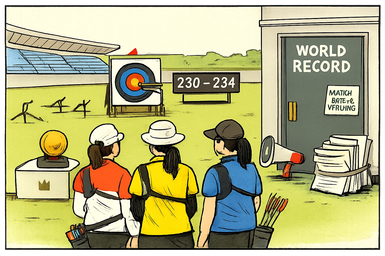 Three anonymous archers stand beside a gold medal and a target marked 238, while a publicity megaphone waits outside a closed door labelled World Record with a match-sheet-pending sign.