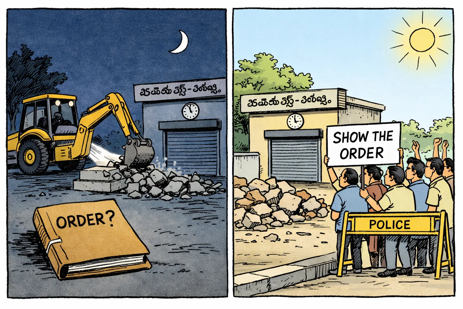 A split cartoon shows an earthmover demolishing a statue plinth at night and protesters facing the rubble beside a police barricade in daylight, with an unopened file marked 'ORDER?' between the scenes.