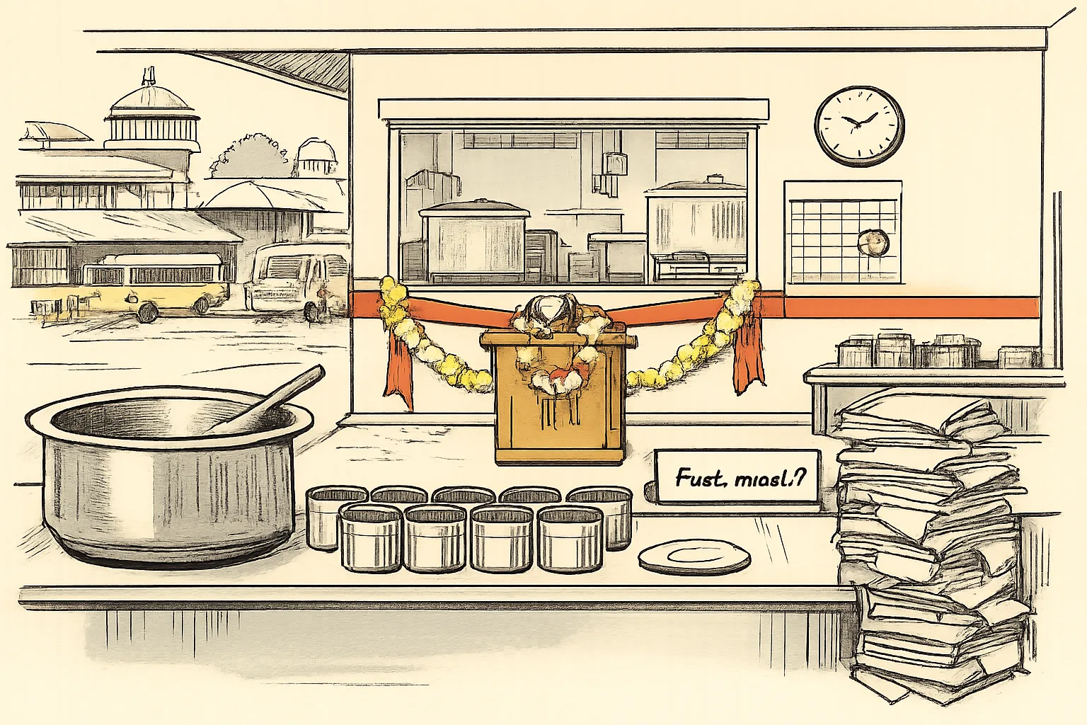 An elaborate school-breakfast kitchen in Karimnagar stands ready for an inauguration, while empty breakfast vessels, stacked files and an unopened ribbon mark the wait for the first meal.