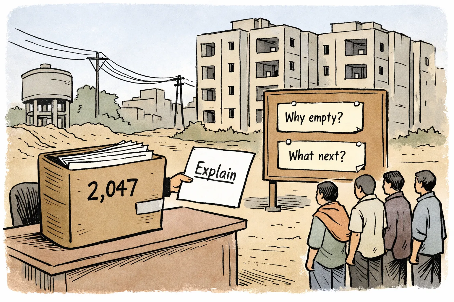 A cartoon shows a large file marked 2,047 and a form demanding explanations beside vacant Hyderabad 2BHK apartment blocks, while a notice-board displays unanswered questions about the flats.