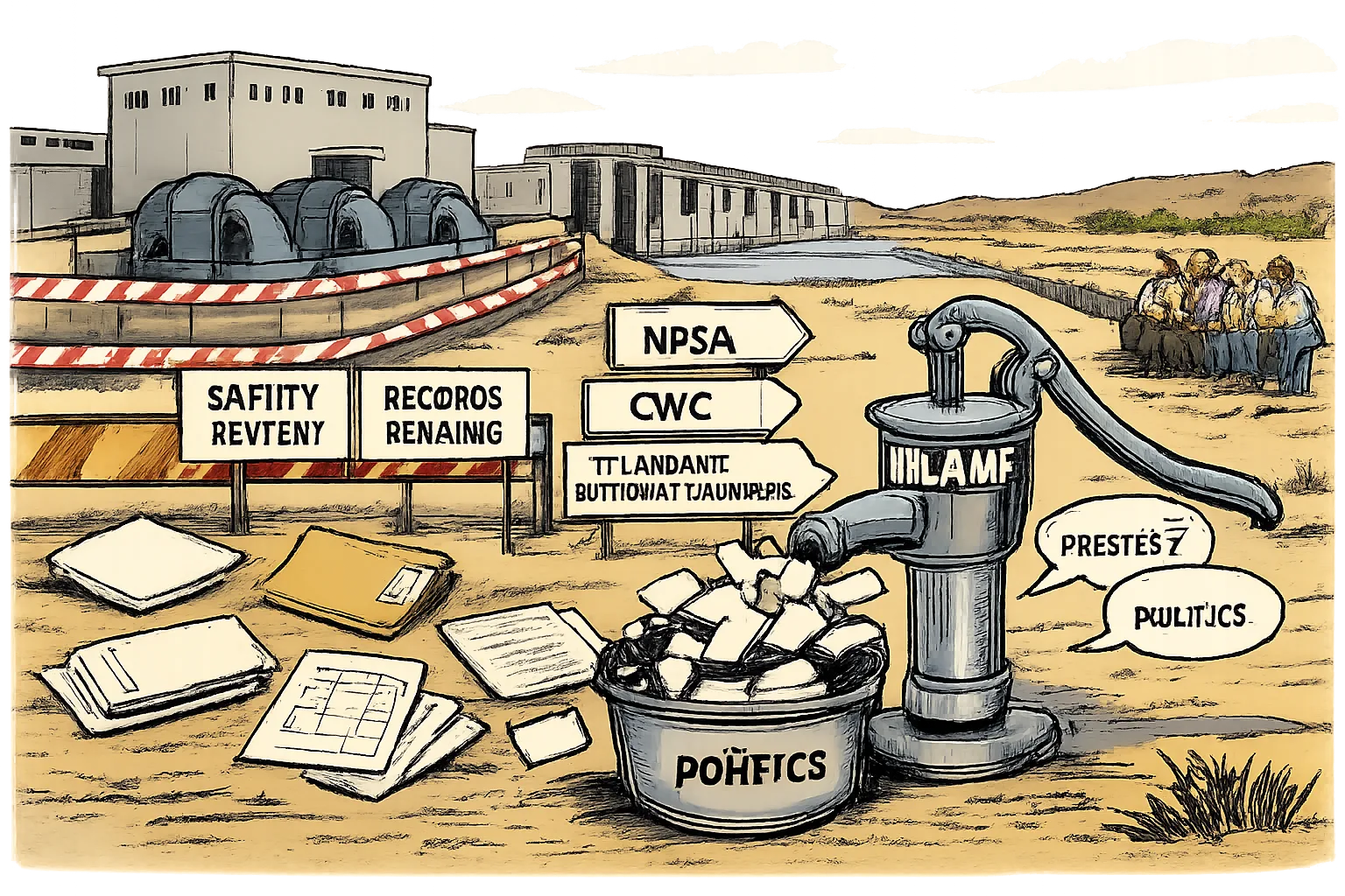 At the Kannepalli pumping station, a small pump labelled “BLAME” sprays papers while the larger water pumps sit behind a safety barrier, with empty folders and institutional signboards scattered around.