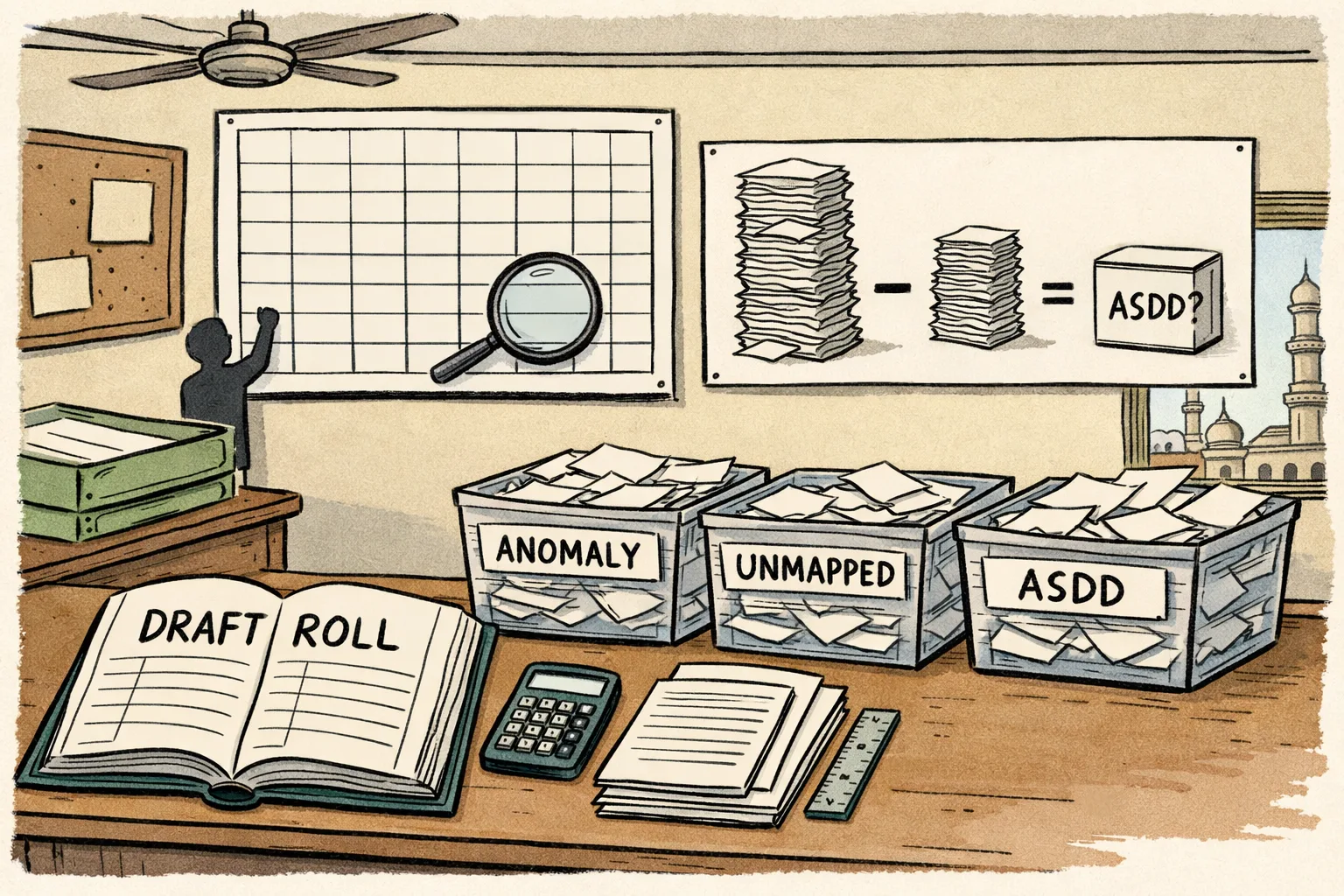 A Telangana election-office desk holds a huge draft electoral roll, a calculator and several unlabeled piles of forms; a magnifying glass hovers over the unexplained figures while a noticeboard shows a blank table outline.
