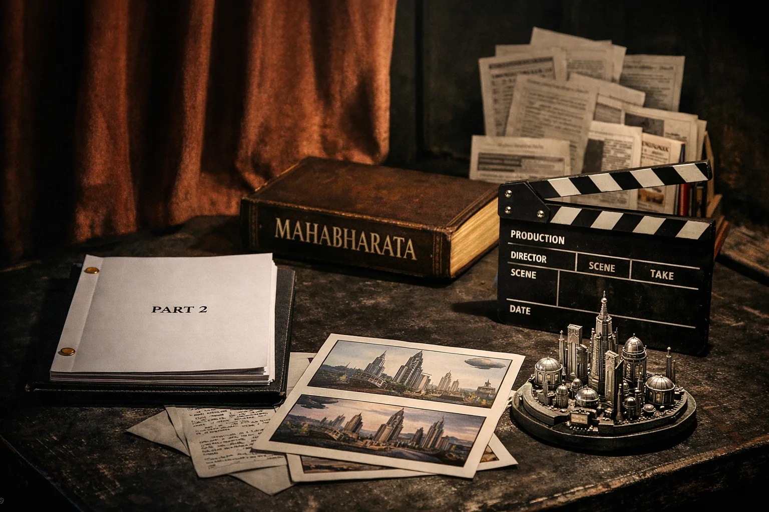 A cinematic film-production table holds a screenplay marked “Part 2”, a Mahabharata book, a clapperboard and a miniature futuristic city, while comment cards pile up behind a closed cinema curtain.