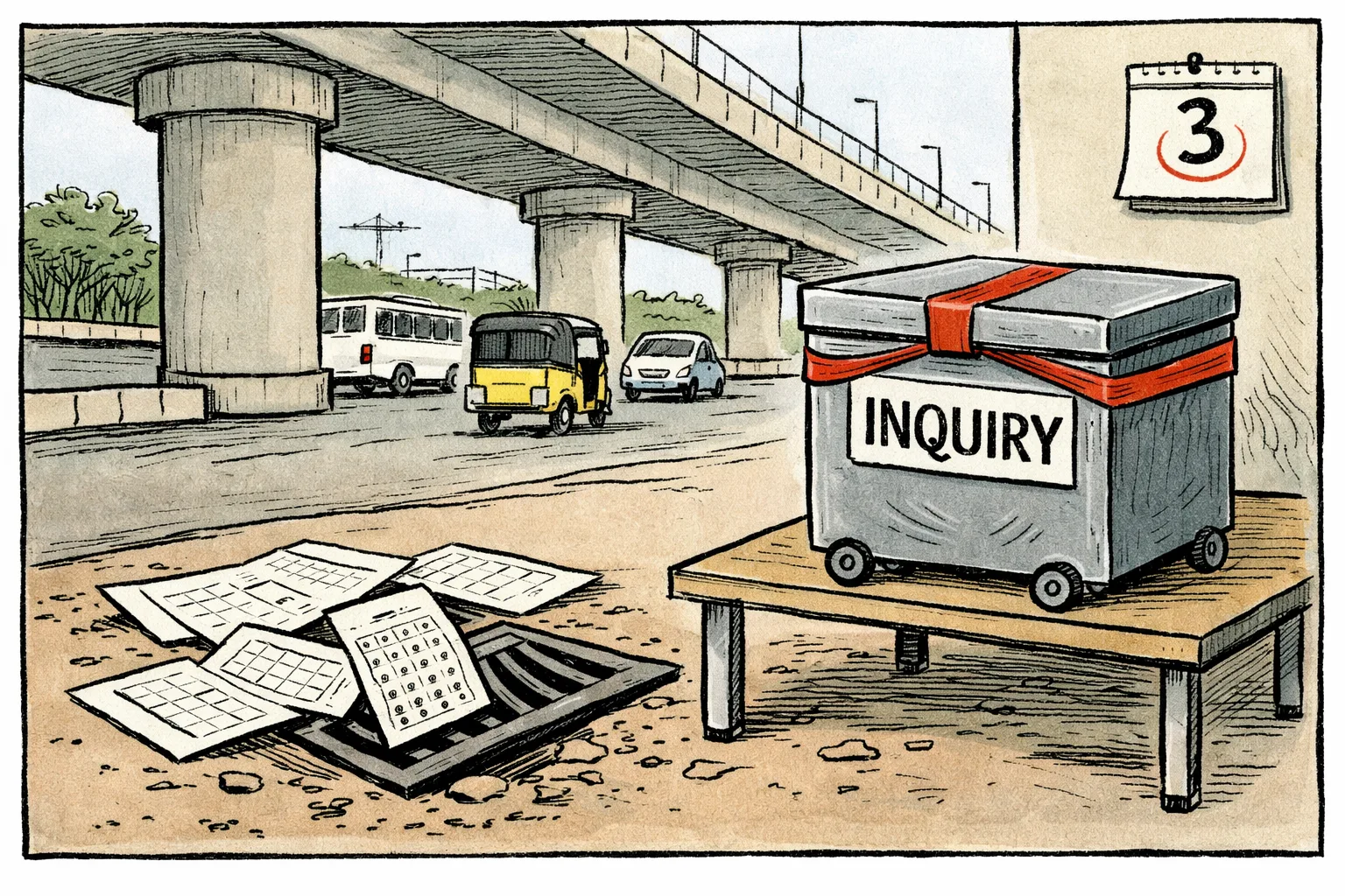 Several loose OMR answer sheets lie beside a Hyderabad expressway pillar, while a large official file marked ‘Inquiry’ sits unopened on a desk nearby and traffic passes in the background.