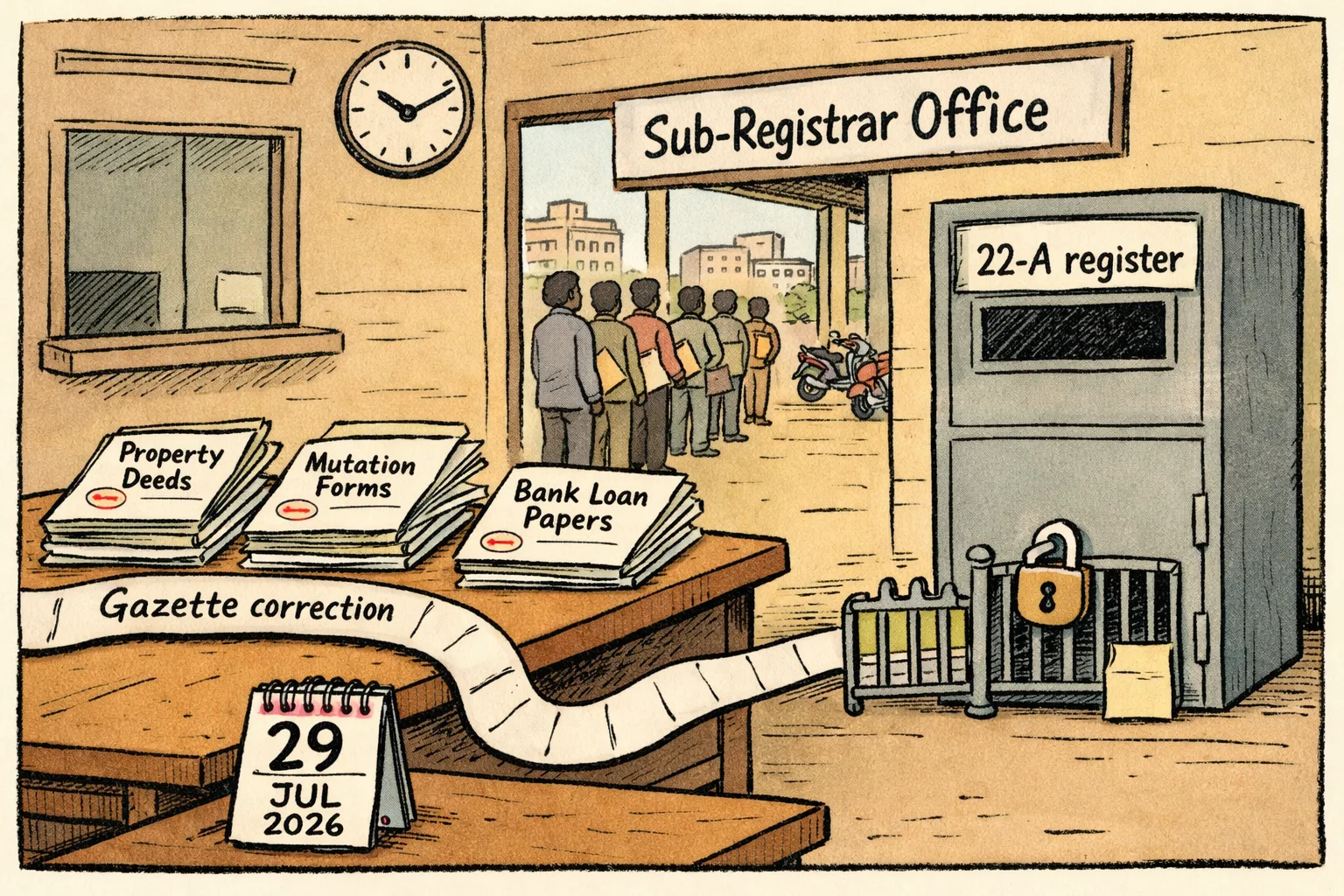 A stalled registration counter in a Malkajgiri office is buried under property files, while a small gazette correction document waits behind a locked glass case; a queue of homeowners stands patiently outside.