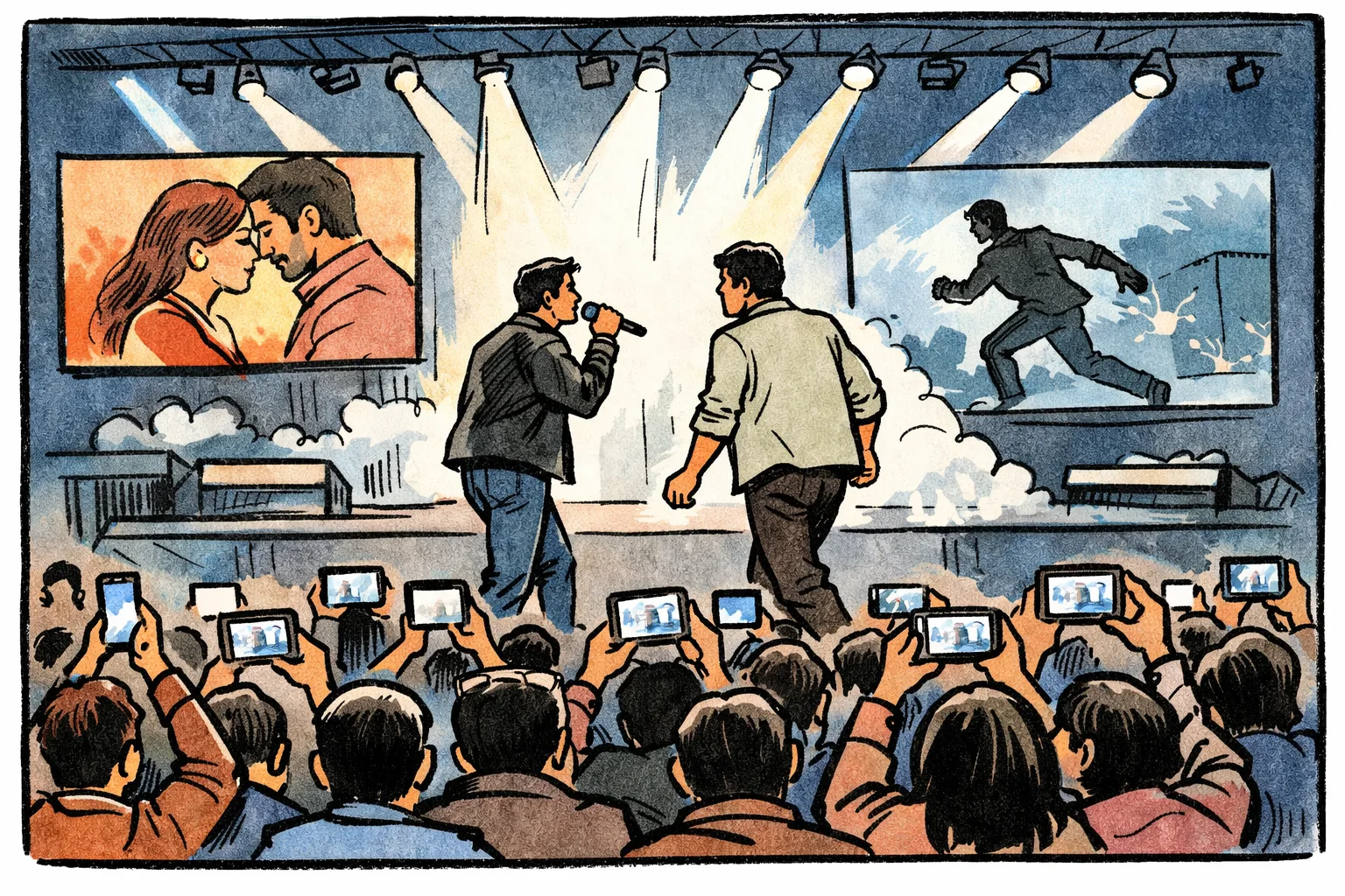 A brightly lit indoor concert stage shows two performers before a large crowd holding up phones.
