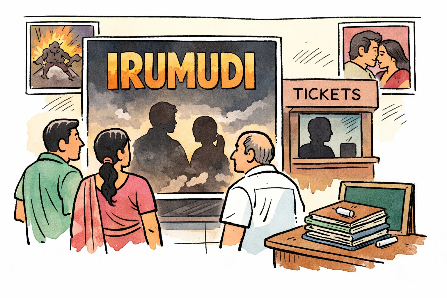 A cinema theatre foyer with a promotional display for Irumudi, ticket counter, indistinct patrons and schoolbooks beside a chalkboard.