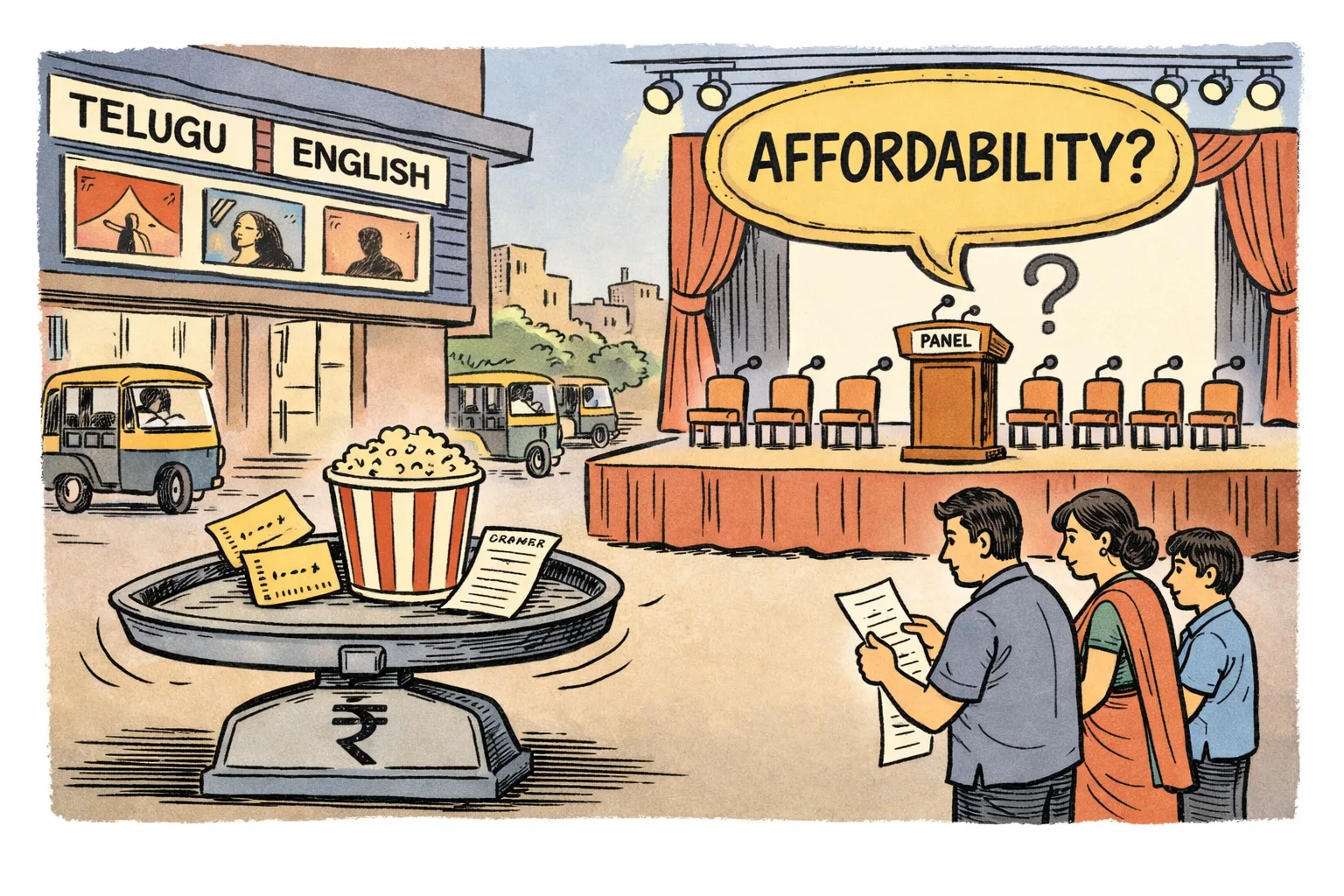 A Telangana family stands outside a multiplex ticket counter while a large stage behind it displays a panel discussion about cinema affordability; the ticket and snack bills remain unchanged on the counter.