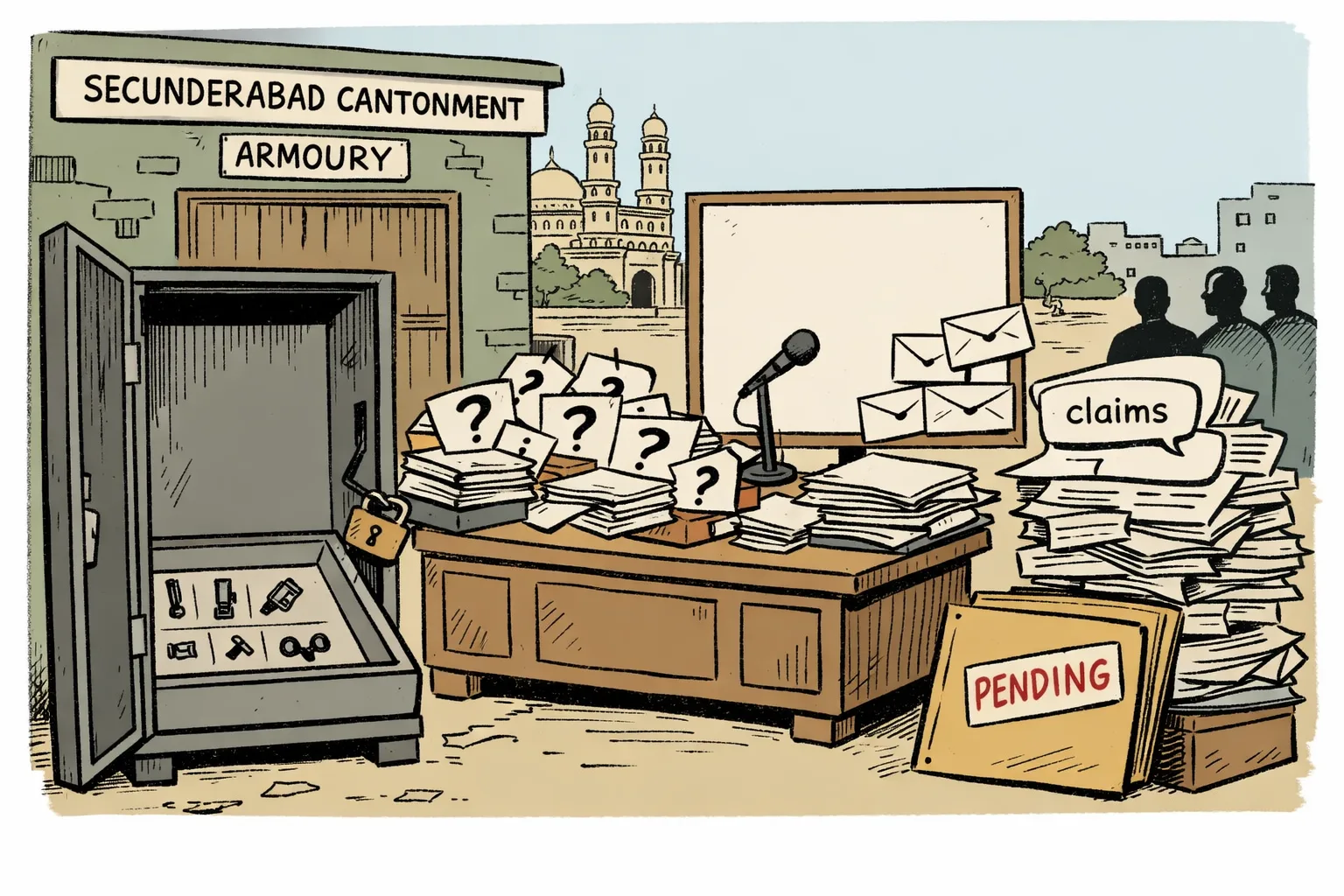 An open military weapons cabinet with a broken lock and empty inventory trays stands beside a desk covered in unanswered files, while a separate stack marked “claims” rests next to a pending evidence file.