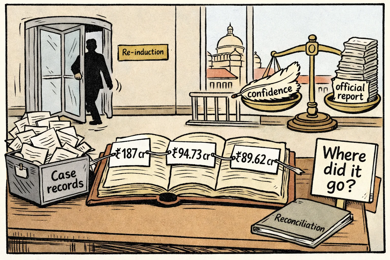 An open ledger shows three conflicting rupee figures beside an unopened reconciliation folder, while a cabinet door opens in the background and a scale balances official confidence against paperwork.