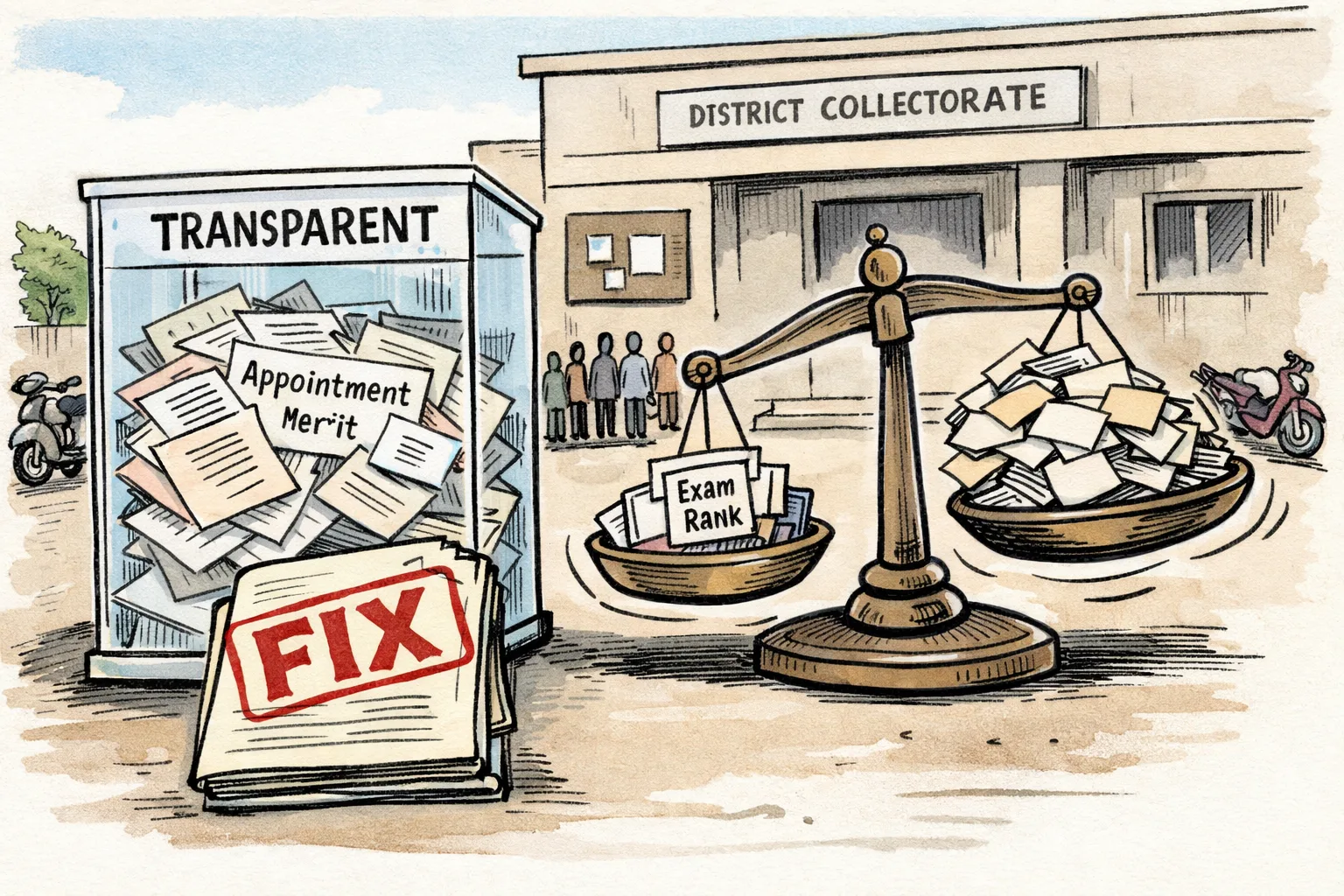 A giant transparent recruitment file sits on a weighing scale marked by rank and preference, while a court correction stamp tilts the scale; a queue of indistinct applicants waits outside an Andhra Pradesh collectorate in the background.