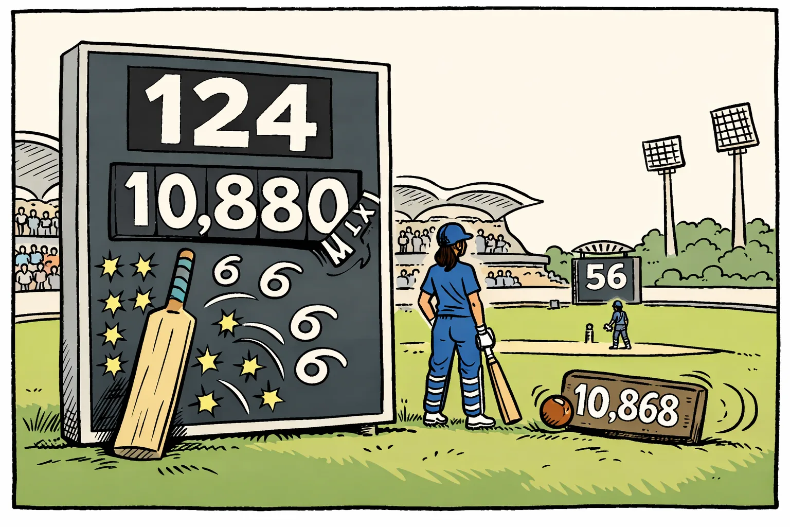 A cricket scoreboard showing 124 runs and a total beyond 10,880 pushes aside an older 10,868 record plaque, while an unidentifiable batter stands in a floodlit stadium.