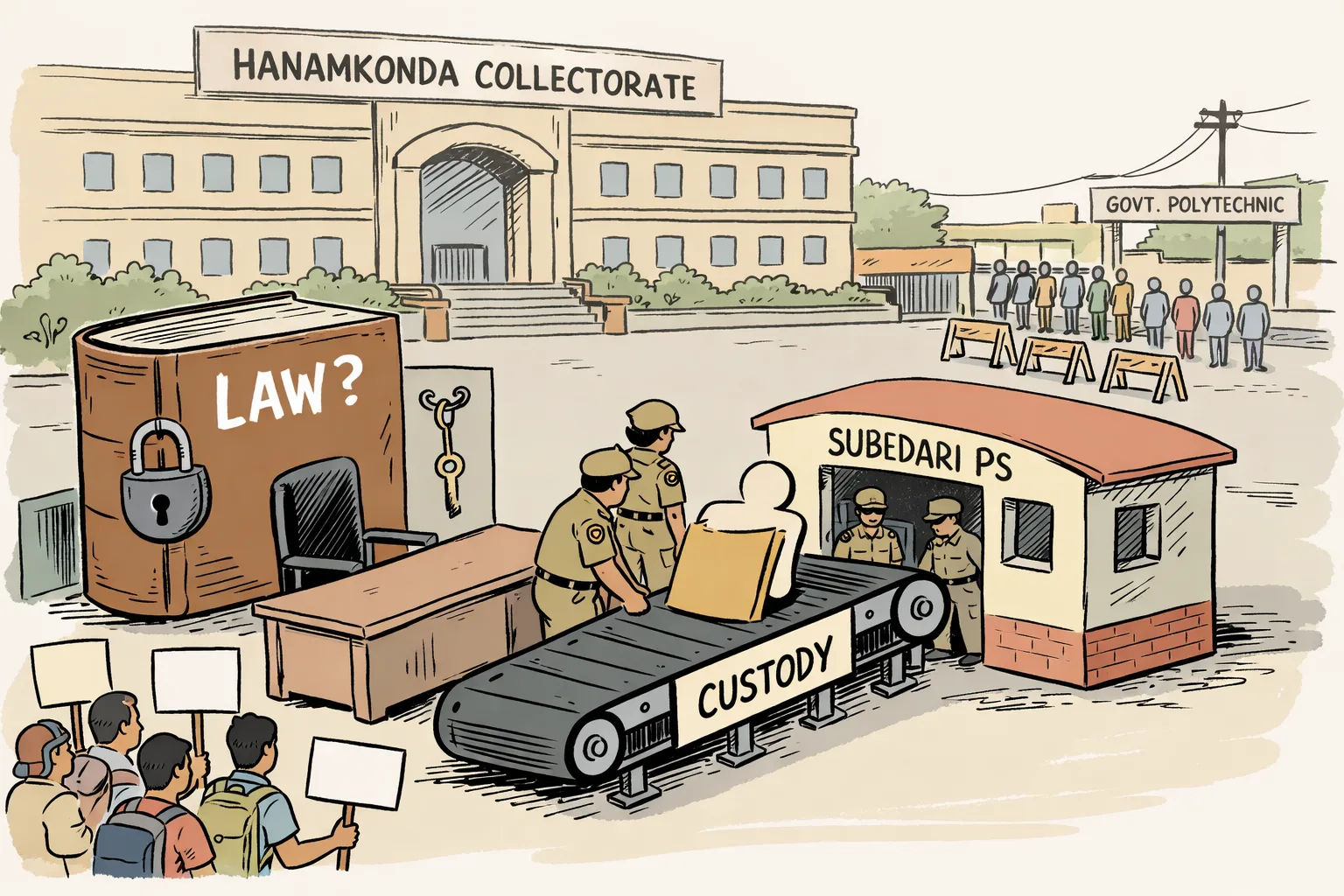 A cartoon outside the Hanamkonda Collectorate shows an oversized custody conveyor belt leading toward Subedari Police Station, while a locked rule book labelled “LAW?” sits unattended beside peaceful protest signs.