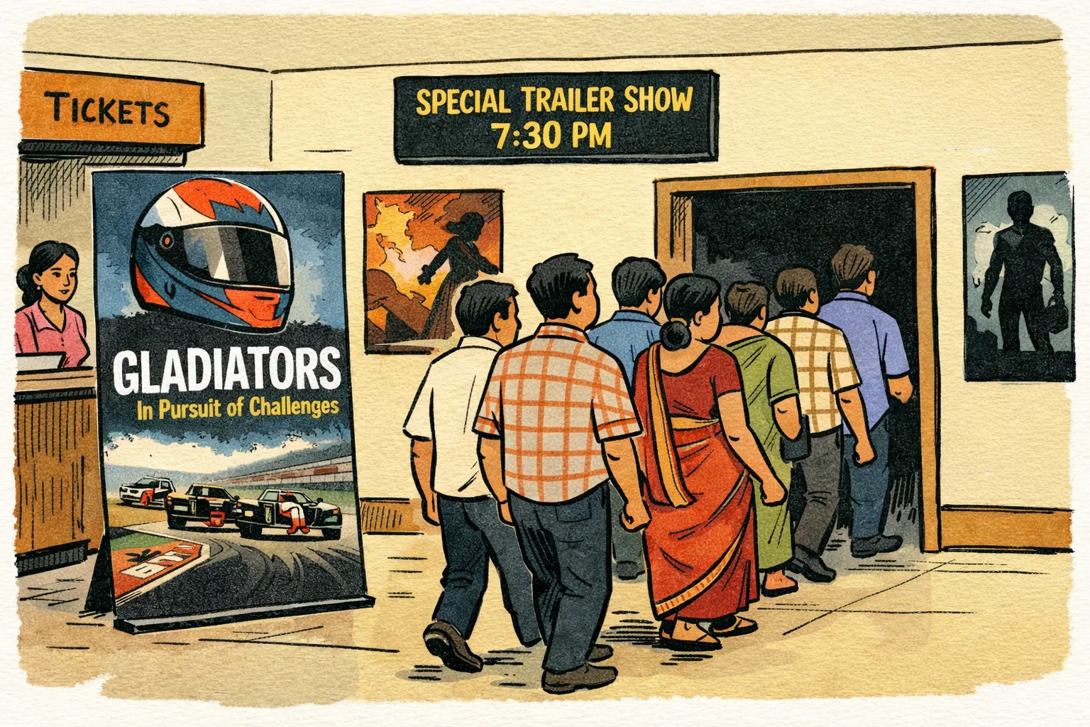 An unidentifiable audience enters a Tamil Nadu cinema lobby beside a standee for the racing documentary Gladiators, with a helmet and racetrack imagery.